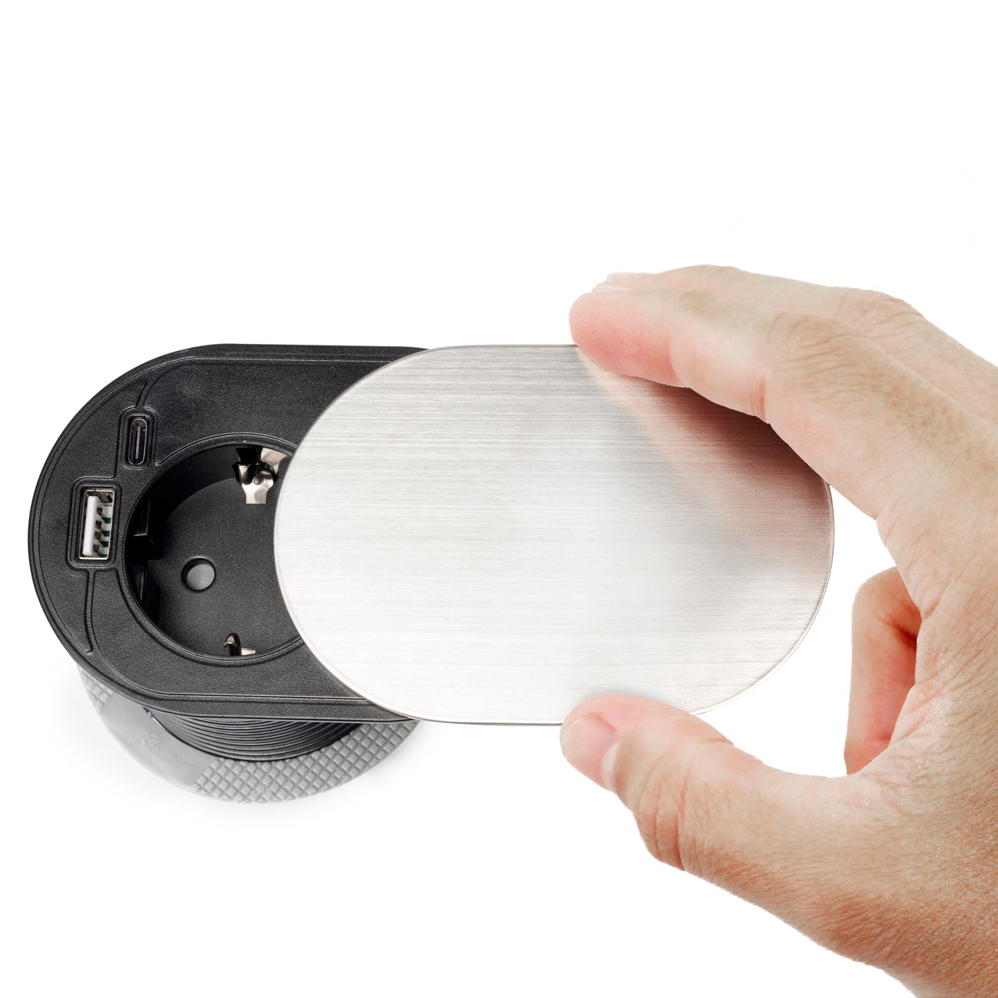 Emuca Multiconnettore con coperchio scorrevole Vertikal Flat 60, diametro 60 mm, 1 presa Schuko, 1 USB Tipo A, 1 USB Tipo C, Acciaio e Tecnoplastica, Acciaio inossidabile