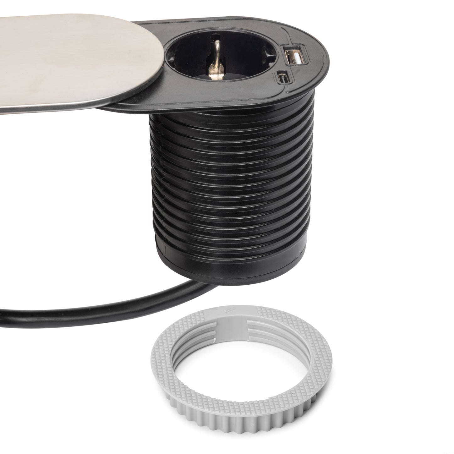 Emuca Multiconnettore con coperchio scorrevole Vertikal Flat 60, diametro 60 mm, 1 presa Schuko, 1 USB Tipo A, 1 USB Tipo C, Acciaio e Tecnoplastica, Acciaio inossidabile