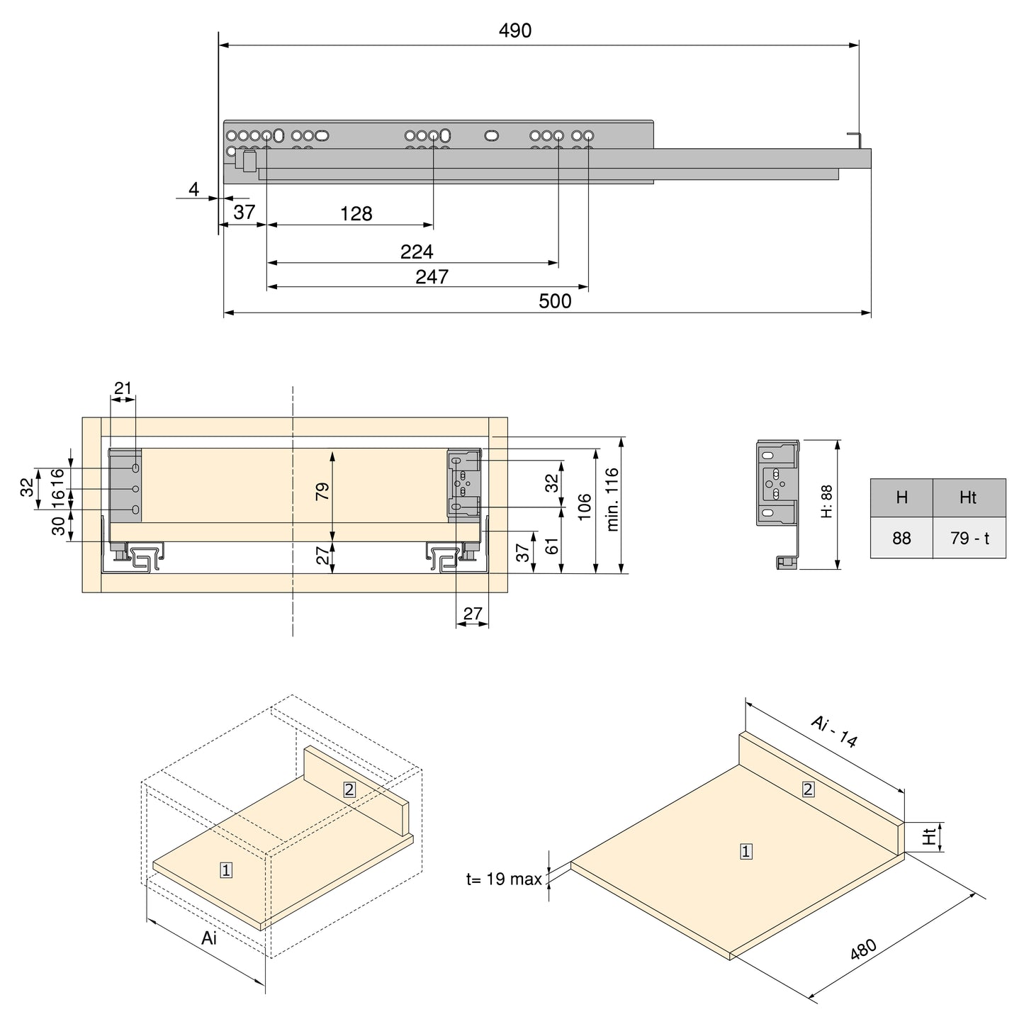Emuca Cassetto esterno Simplex 25 kg, altezza 88 mm, profondità 490 mm, Acciaio, Verniciato bianco