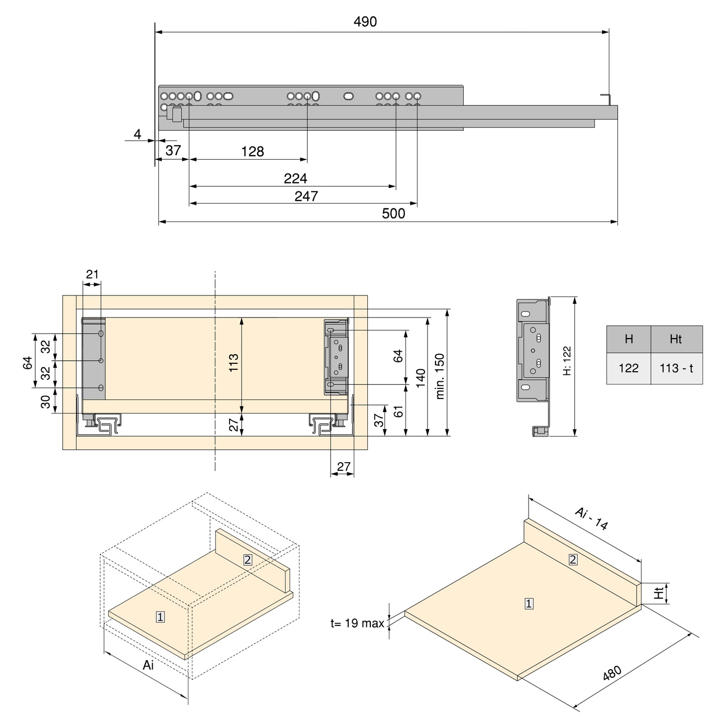 Emuca Cassetto esterno Simplex 25 kg, altezza 122 mm, profondità 490 mm, Acciaio, Verniciato bianco