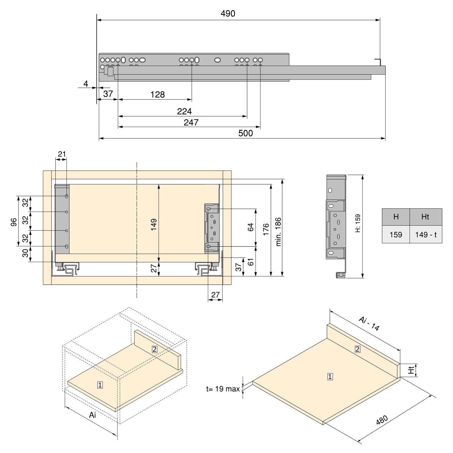 Emuca Cassetto esterno Simplex 25 kg, altezza 159 mm, profondità 490 mm, Acciaio, Verniciato bianco