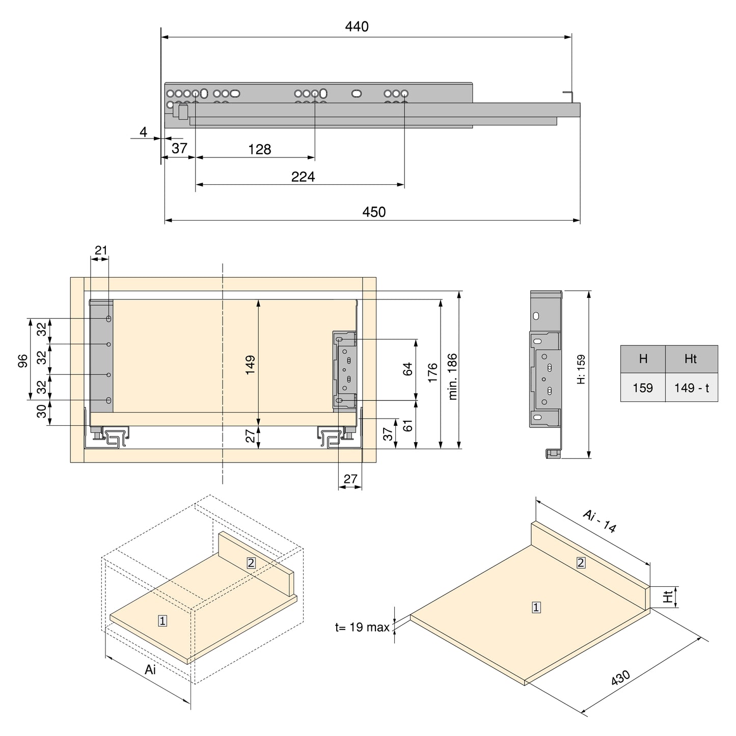 Emuca Cassetto esterno Simplex 25 kg, altezza 159 mm, profondità 440 mm, Acciaio, Grigio antracite