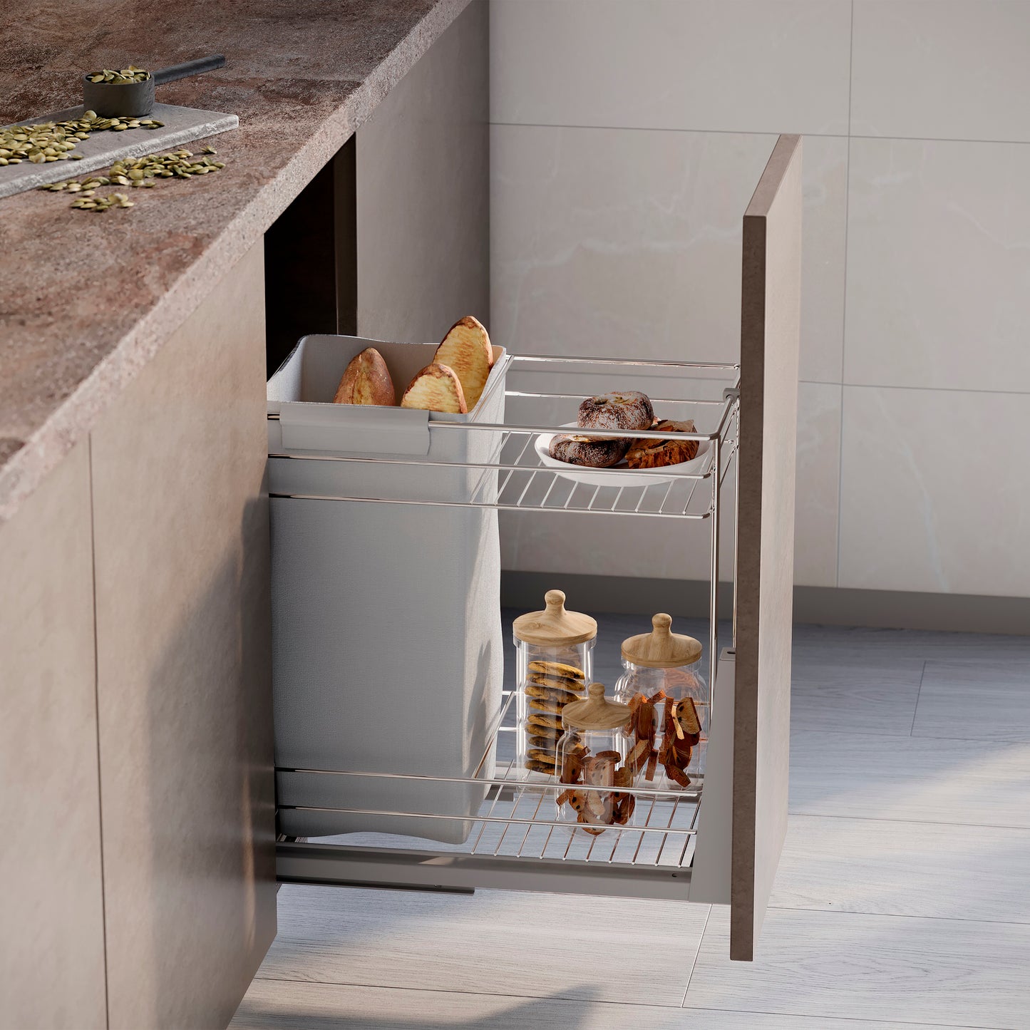 Emuca Carrello estraibile con cestelli e carrello del pane Supra con fissaggio inferiore con chiusura soft, Modulo 300, Acciaio, Cromato lucido
