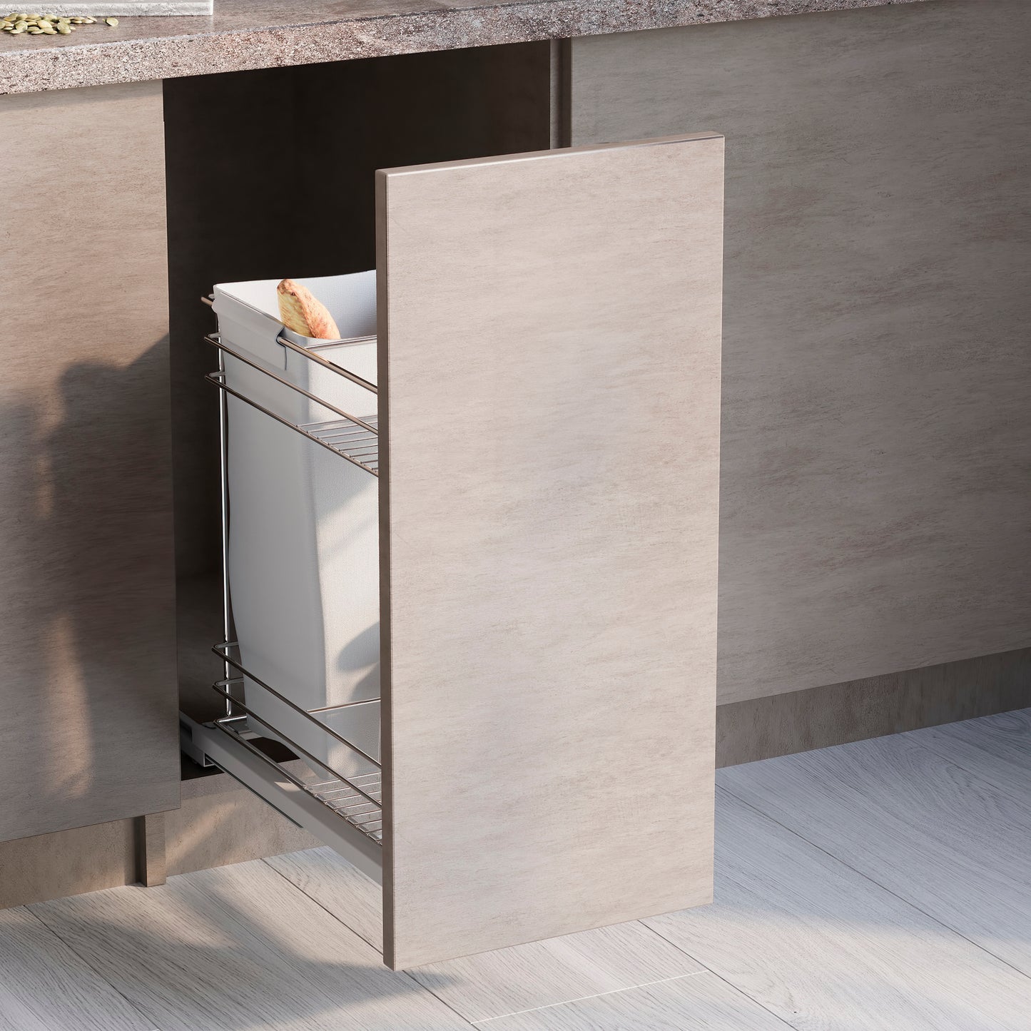 Emuca Carrello estraibile con cestelli e carrello del pane Supra con fissaggio inferiore con chiusura soft, Modulo 300, Acciaio, Cromato lucido