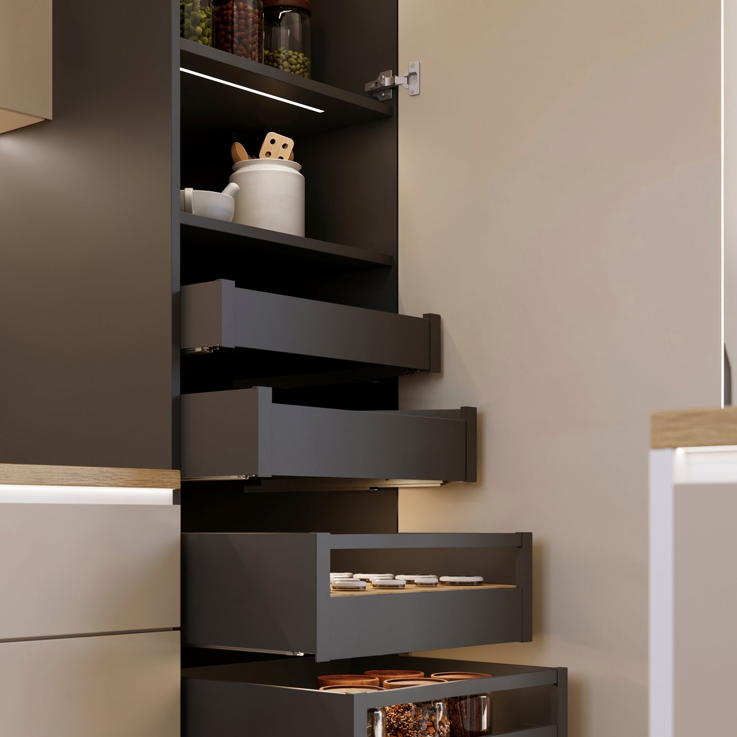 Emuca Cassetto esterno Protone 30kg, guide di estrazione totale con una chiusura soft, altezza 131mm, profondità 350mm, Acciaio, Grigio antracite