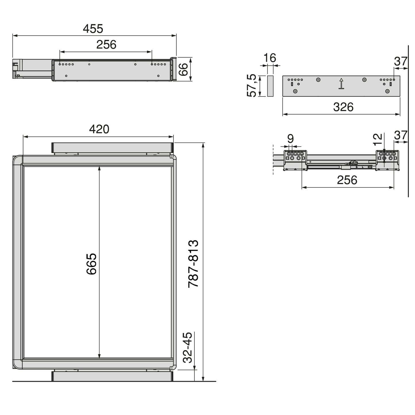 Emuca Telaio con guide a estrazione totale e chiusura morbida per accessori per armadi Quartz, 787-813mm, Alluminio e plastica, Titanio