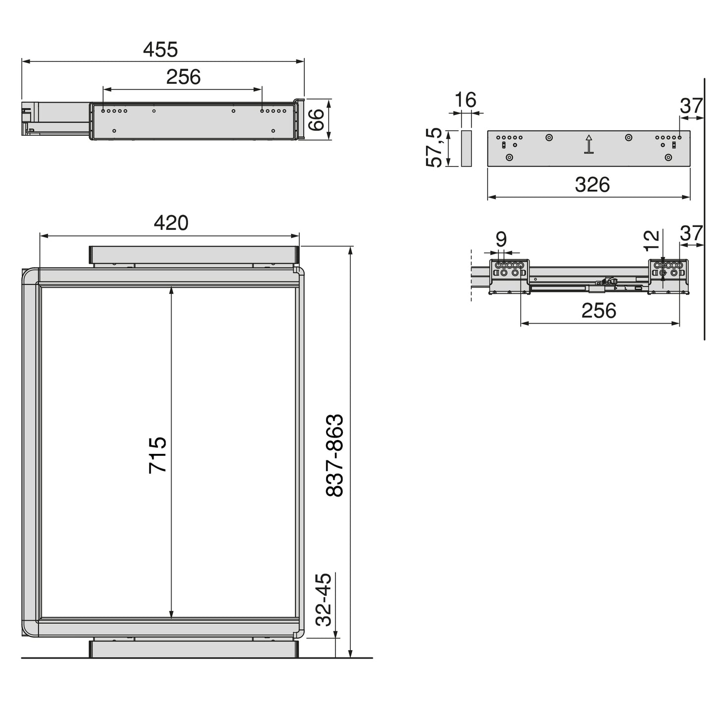 Emuca Telaio con guide a estrazione totale e chiusura morbida per accessori per armadi Quartz, 837-863mm, Alluminio e plastica, Titanio
