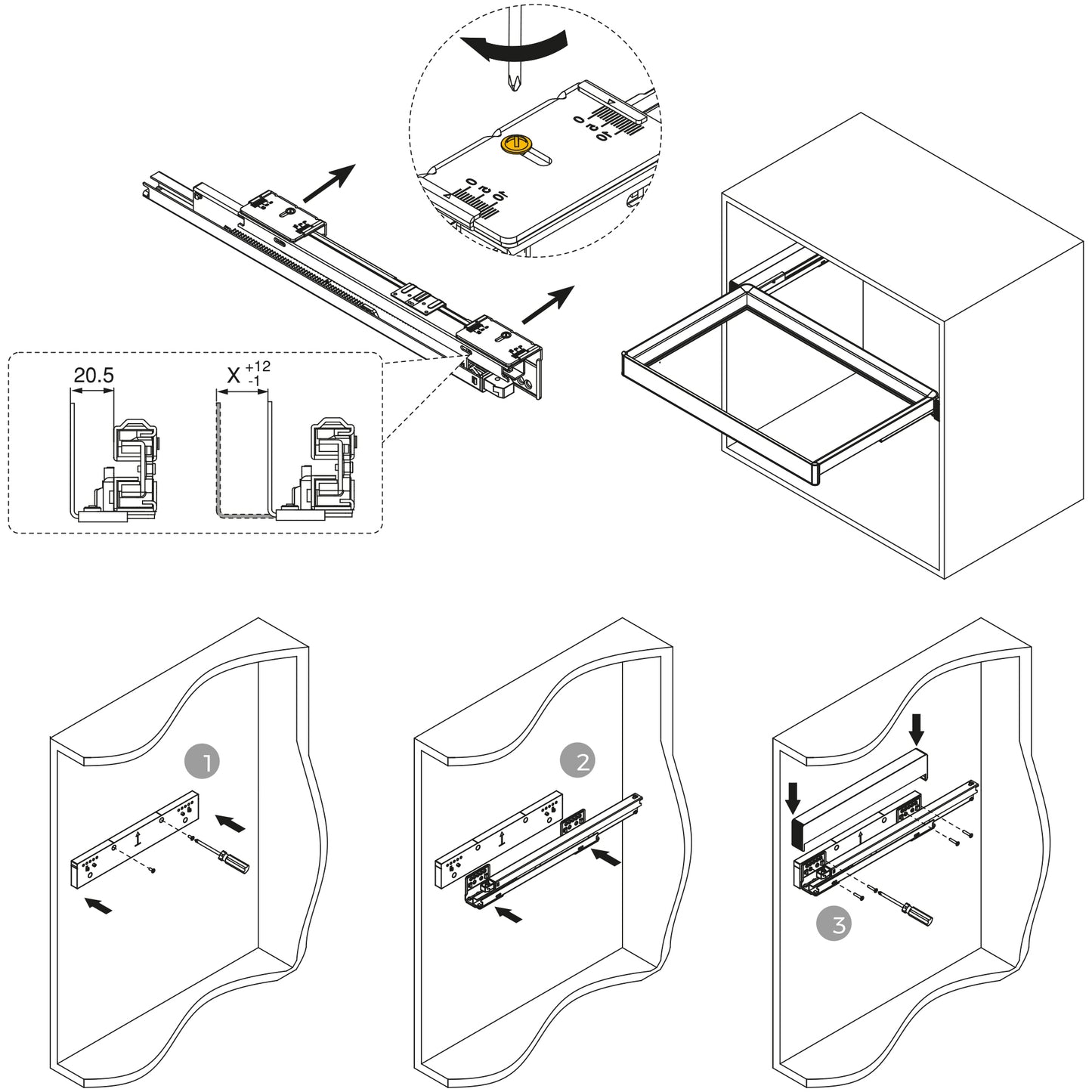 Emuca Telaio con guide a estrazione totale e chiusura morbida per accessori per armadi Quartz, 837-863mm, Alluminio e plastica, Titanio