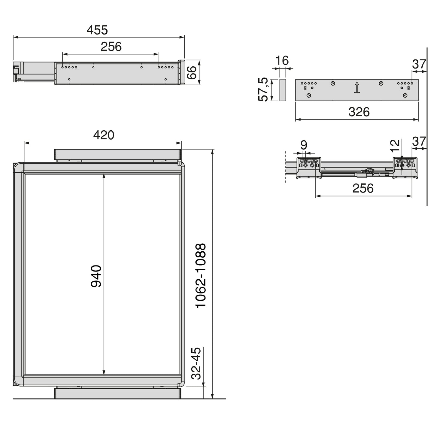 Emuca Telaio con guide a estrazione totale e chiusura morbida per accessori per armadi Quartz, 1062-1088mm, Alluminio e plastica, Titanio