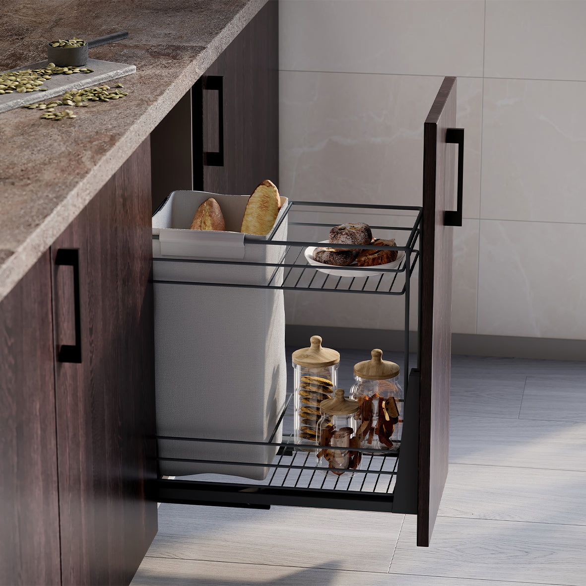 Emuca Carrello estraibile con cestelli e carrello del pane Titane con fissaggio inferiore con chiusura soft, modulo 300mm, Acciaio, Grigio Antracite