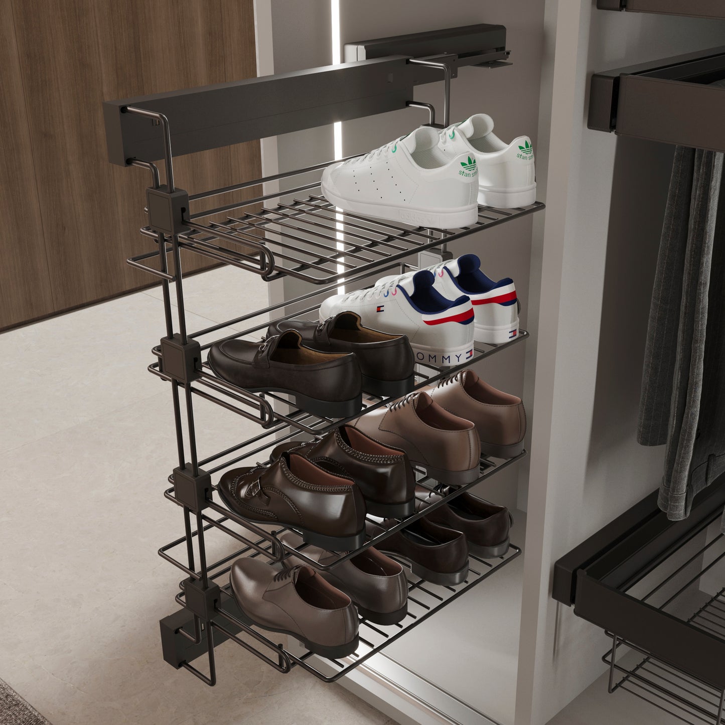 Emuca Porta scarpe estraibile laterale per armadi e cabine armadio Quartz, Sinistro, Acciaio, Titanio