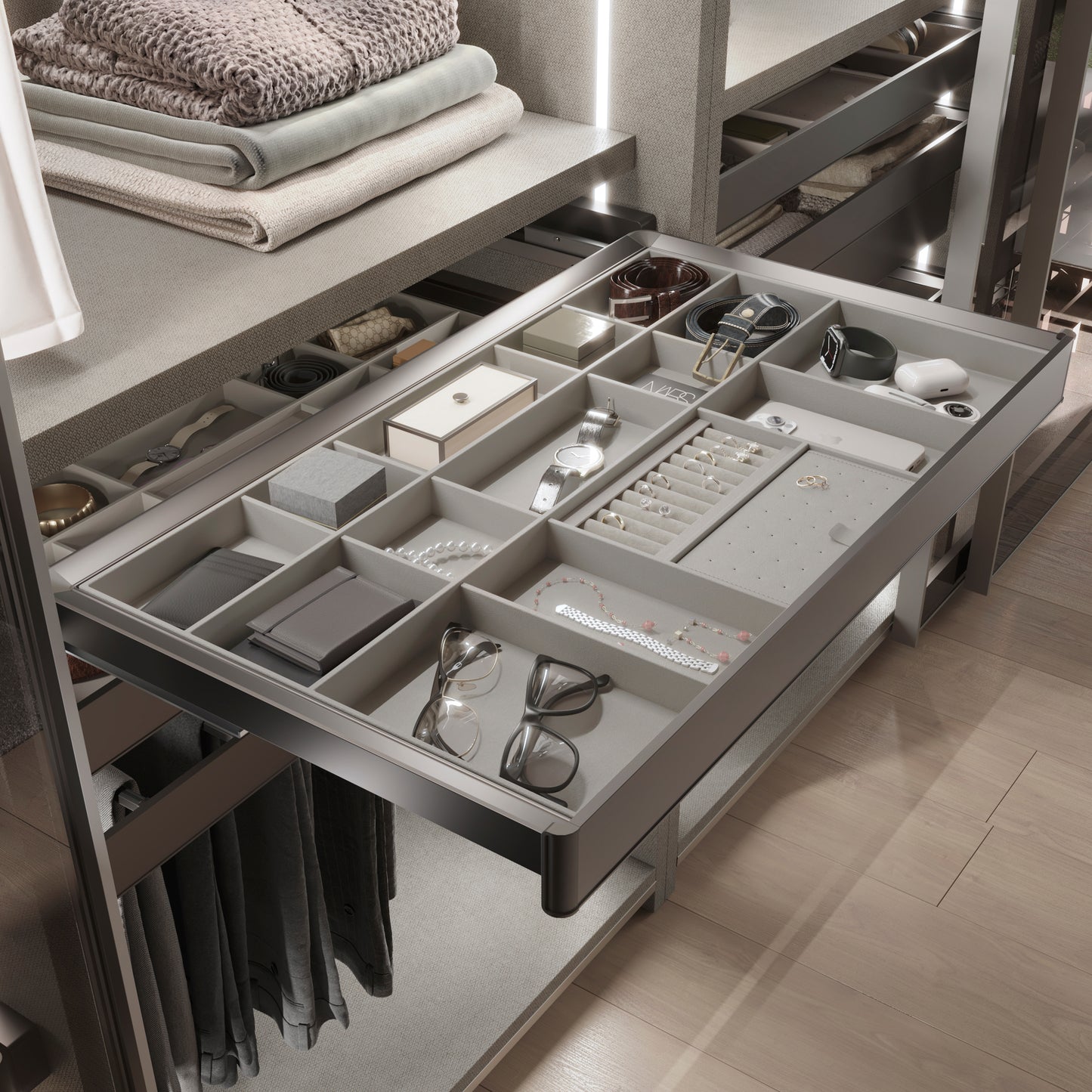 Emuca Cassetto organizzatore per armadi e cabine armadio Quartz, 740 (M90), Eco-pelle e legno, Titanio
