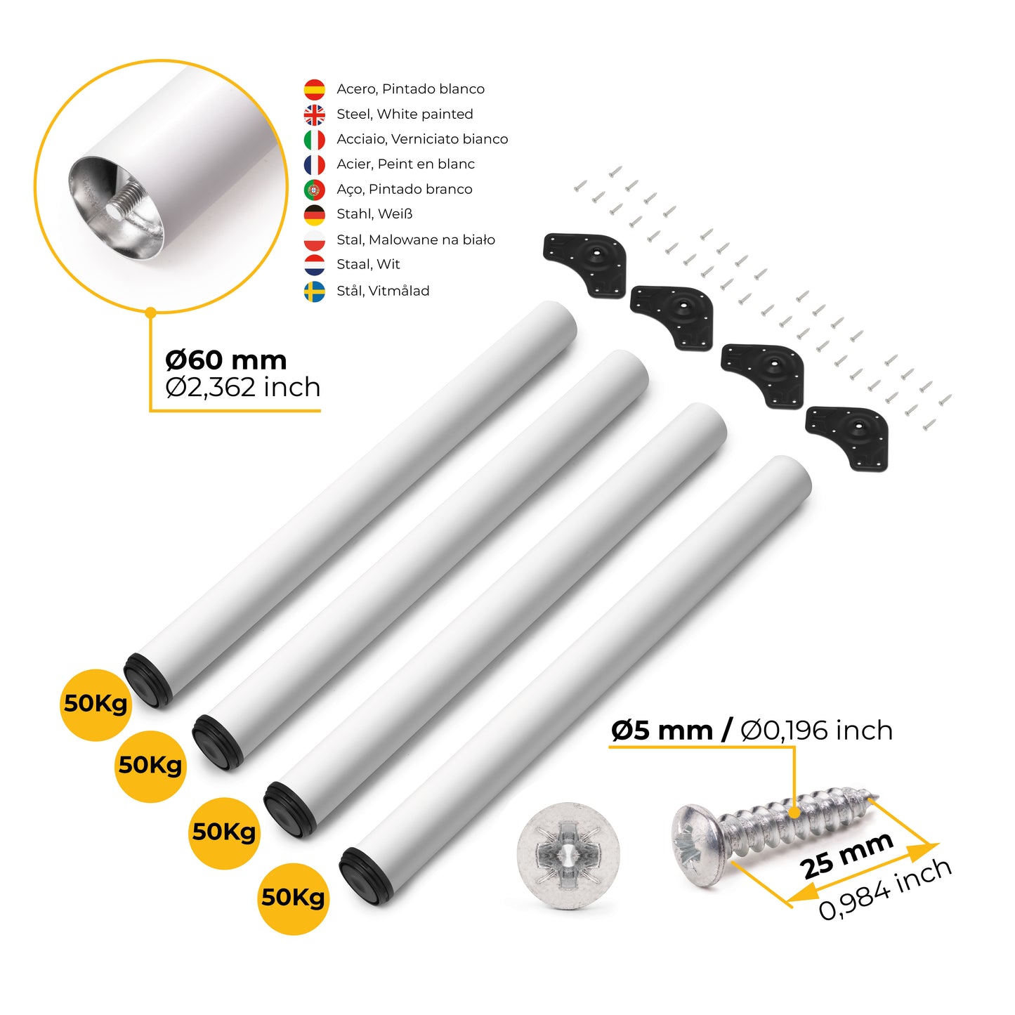 Emuca Lotto di 4 gambe per tavolo, diametro 60mm, H 830mm, Acciaio, Verniciato bianco