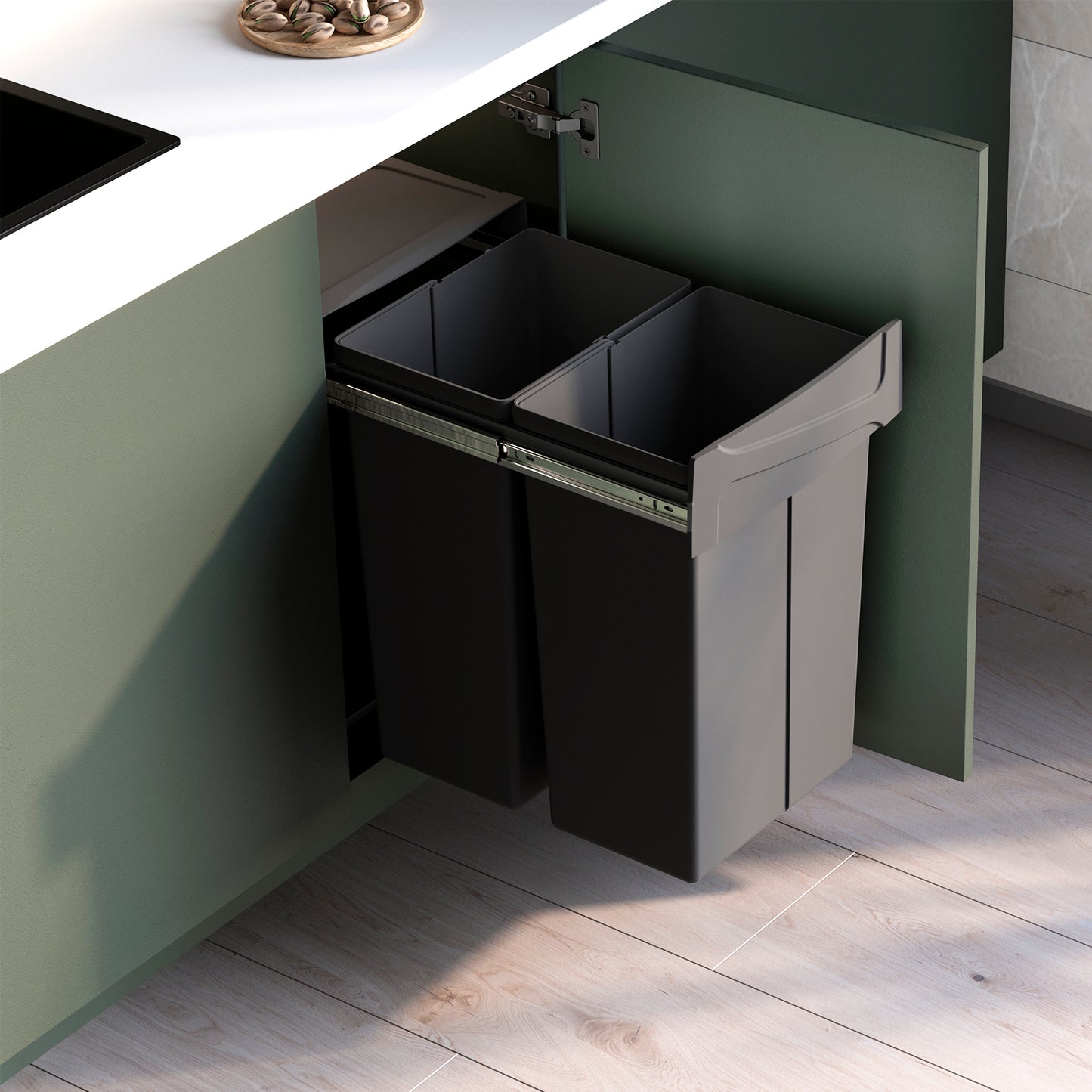 Emuca Contenitore per la raccolta differenziata Recycle da montare sul fondo e da estrarre manualmente in cucina Recycle 2x25lt, Grigio antracite, Tecnoplastica