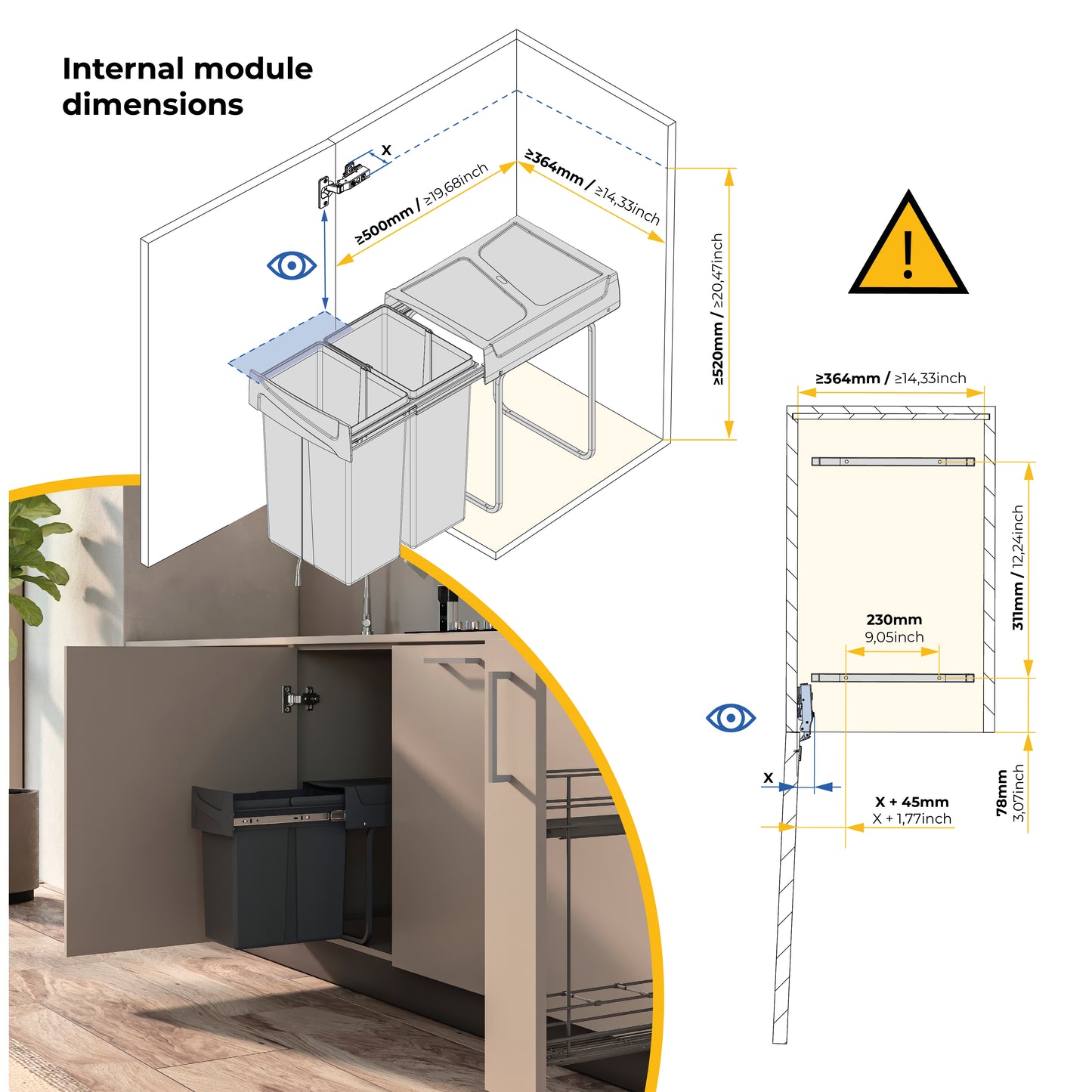 Emuca Contenitore per la raccolta differenziata Recycle da montare sul fondo e da estrarre manualmente in cucina Recycle 2x25lt, Grigio antracite, Tecnoplastica