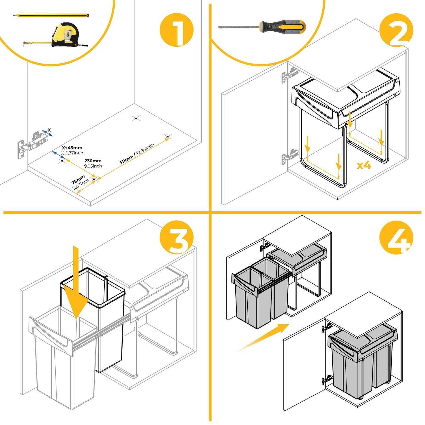 Emuca Contenitore per la raccolta differenziata Recycle da montare sul fondo e da estrarre manualmente in cucina Recycle 2x25lt, Grigio antracite, Tecnoplastica