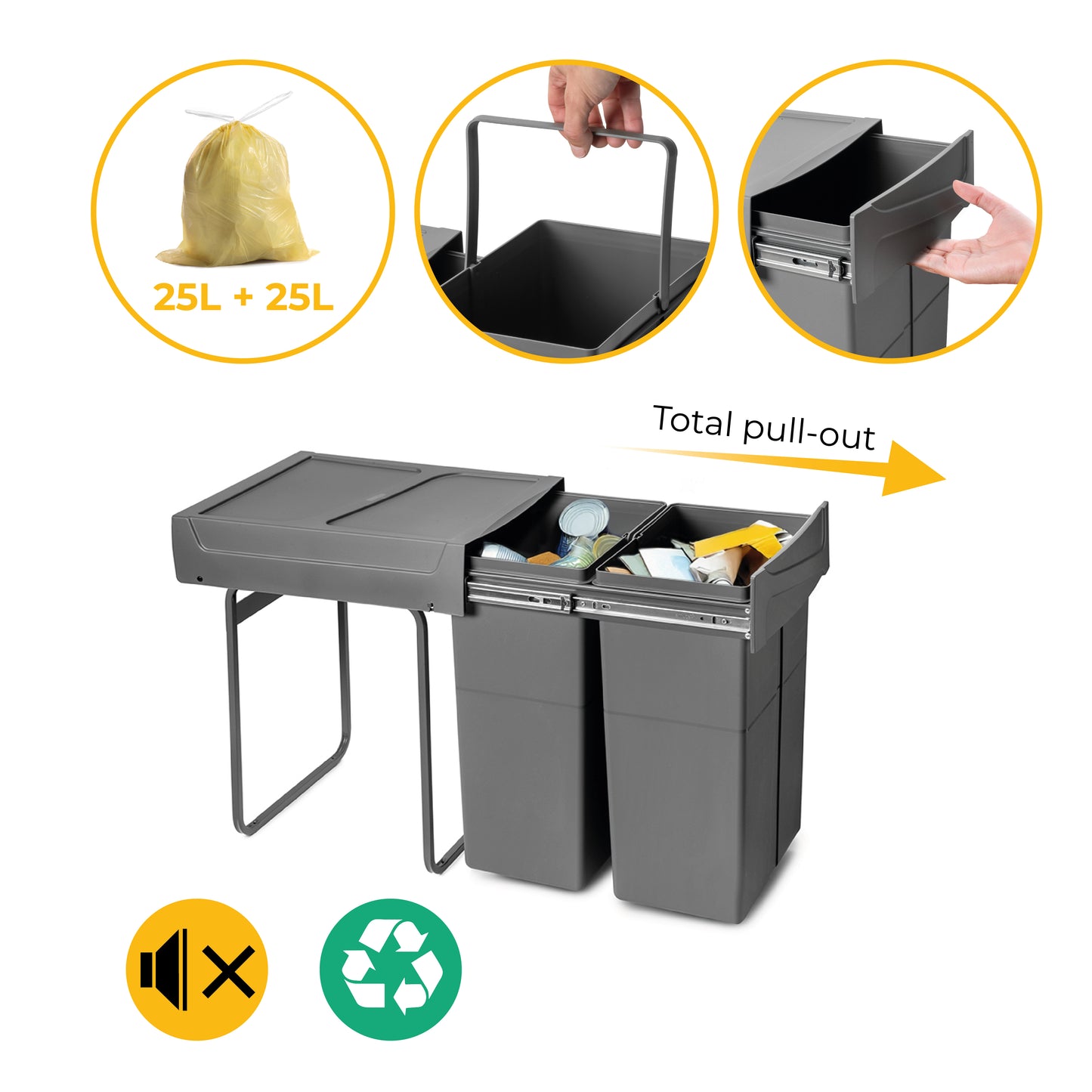 Emuca Contenitore per la raccolta differenziata Recycle da montare sul fondo e da estrarre manualmente in cucina Recycle 2x25lt, Grigio antracite, Tecnoplastica