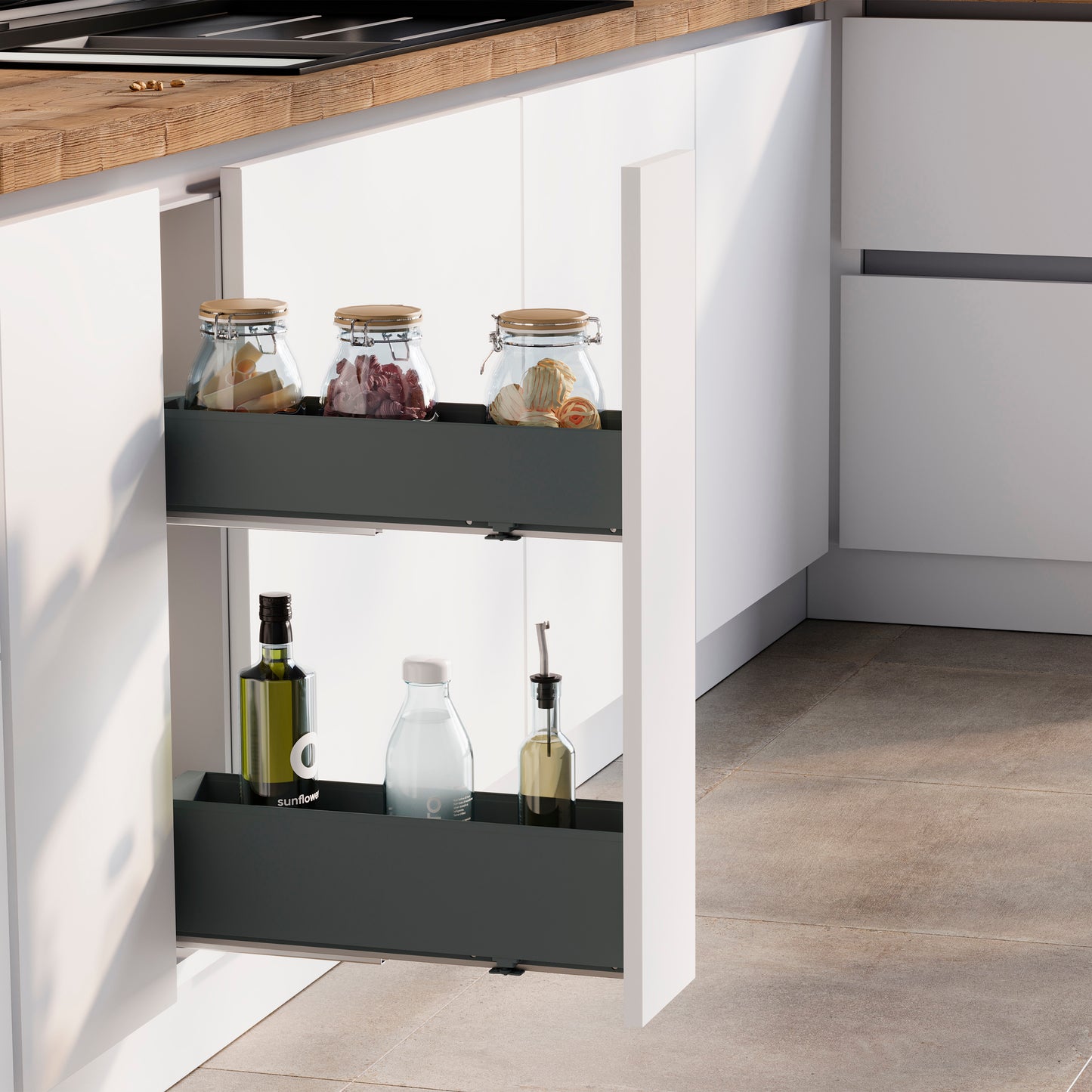 Emuca Portabottiglie laterale estraibile Titane Simplex con chiusura soft, modulo 200 mm, Grigio antracite