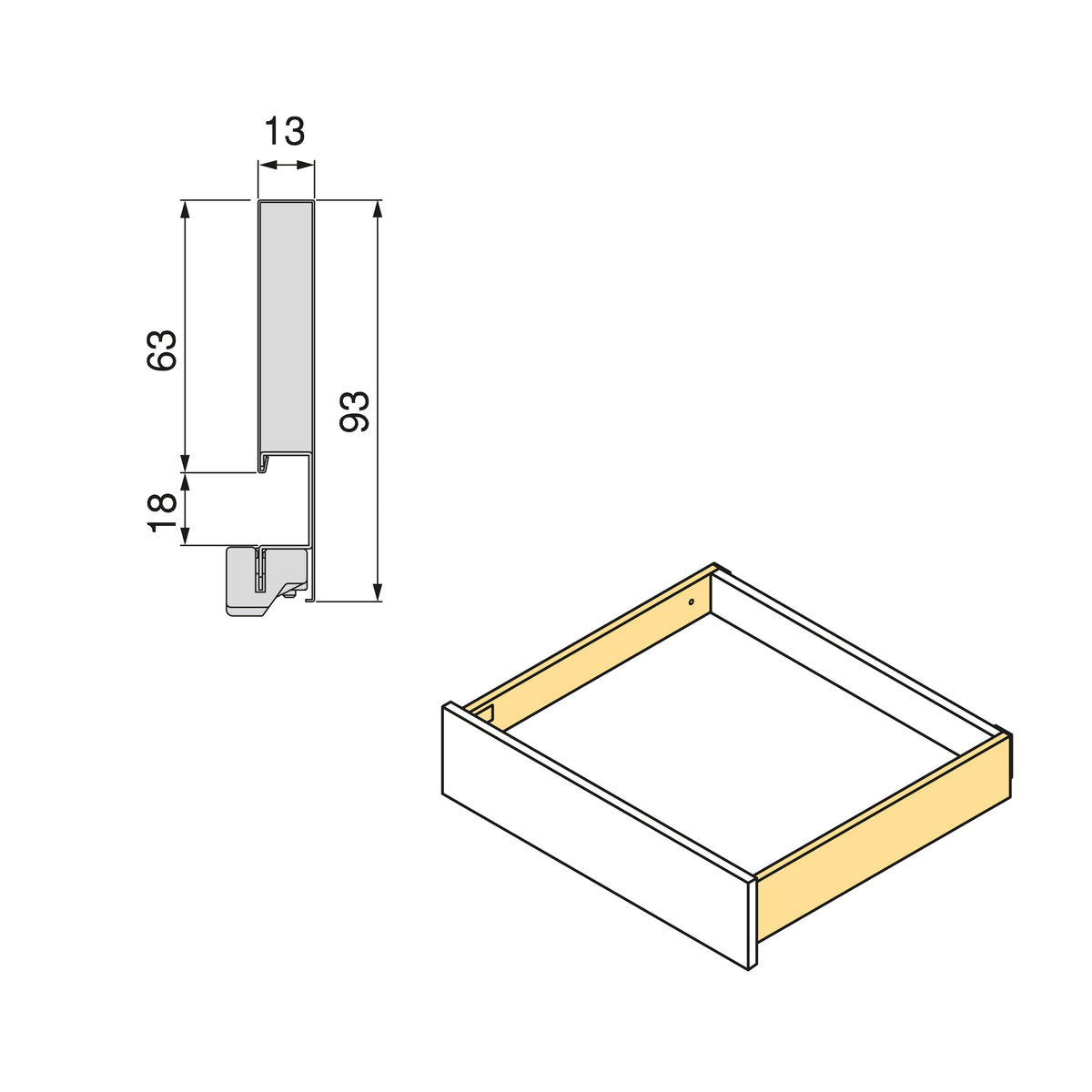 Cassetto esterno Vertex, 40kg, altezza 93mm e regolazione 3D per pannello da 18mm