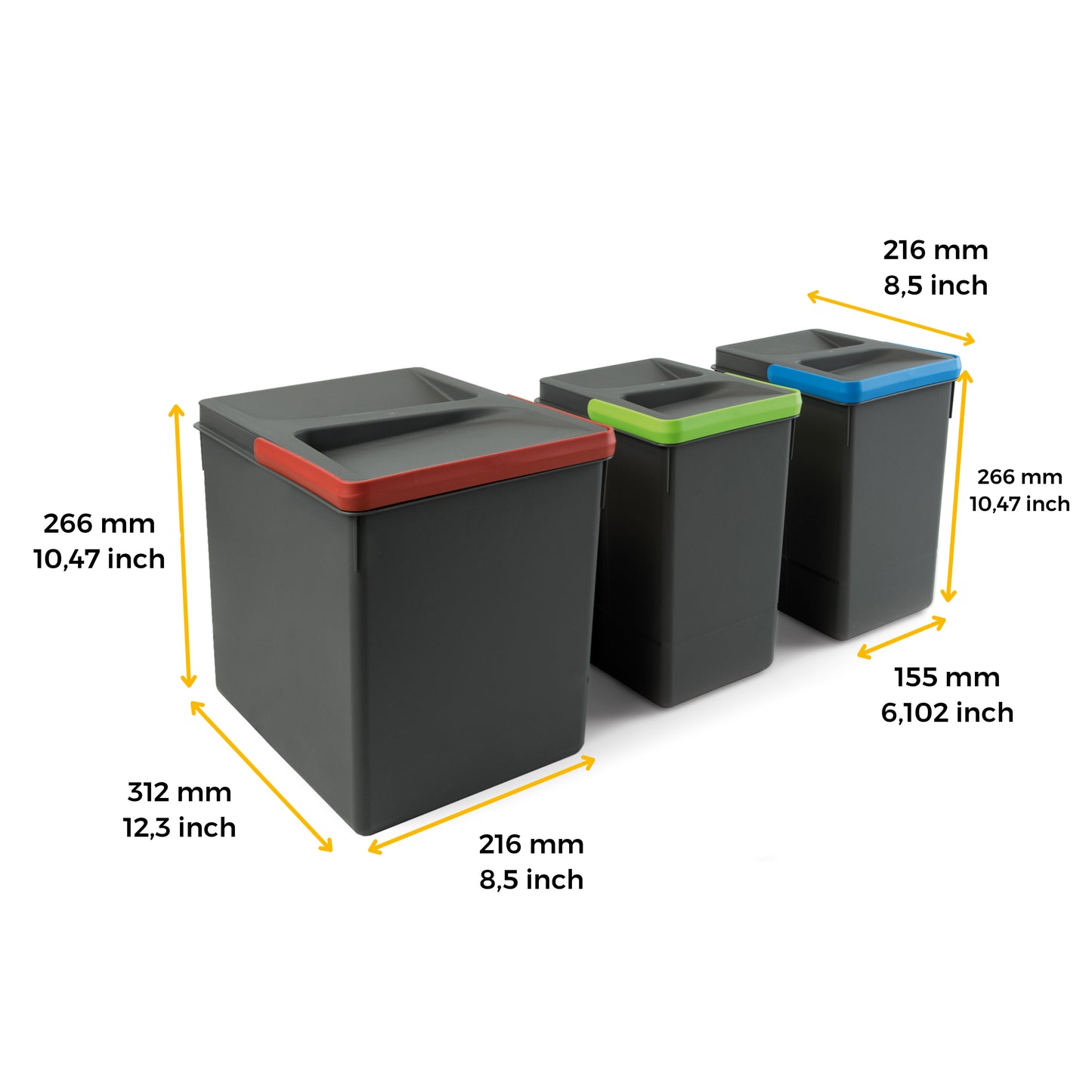 Contenitori per cassetti da cucina Recycle con coperchio anti-odore, Altezza 266, 1x15 lt, 2x7 lt, Grigio antracite Tecnoplastica