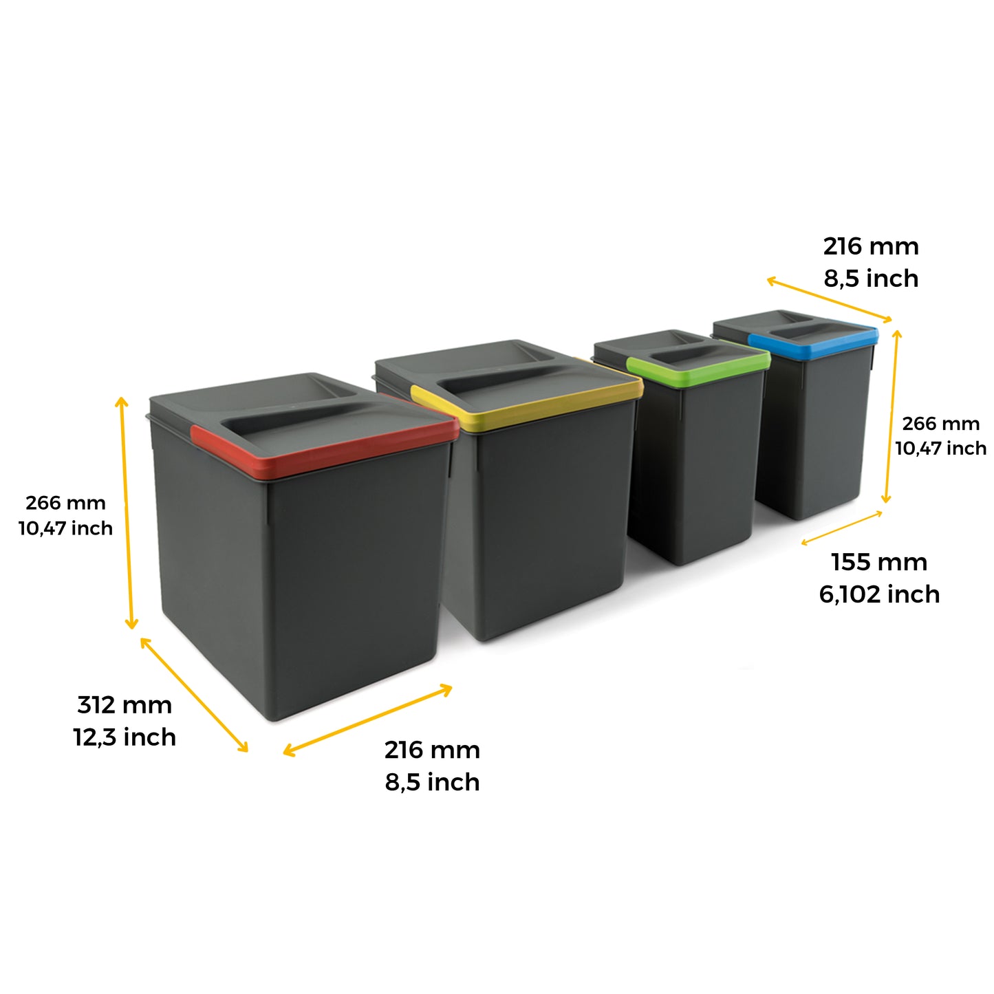 Contenitori per cassetti da cucina Recycle con coperchio anti-odore, Altezza 266, 2x15 lt, 2x7 lt, Grigio antracite Tecnoplastica