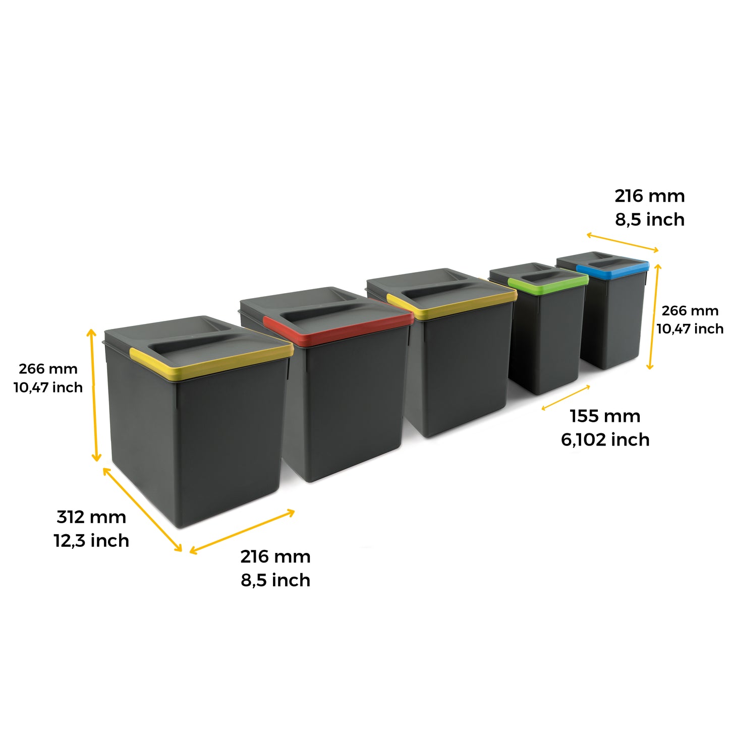 Contenitori per cassetti da cucina Recycle con coperchio anti-odore, Altezza 266, 3x15 lt, 2x7 lt, Grigio antracite Tecnoplastica