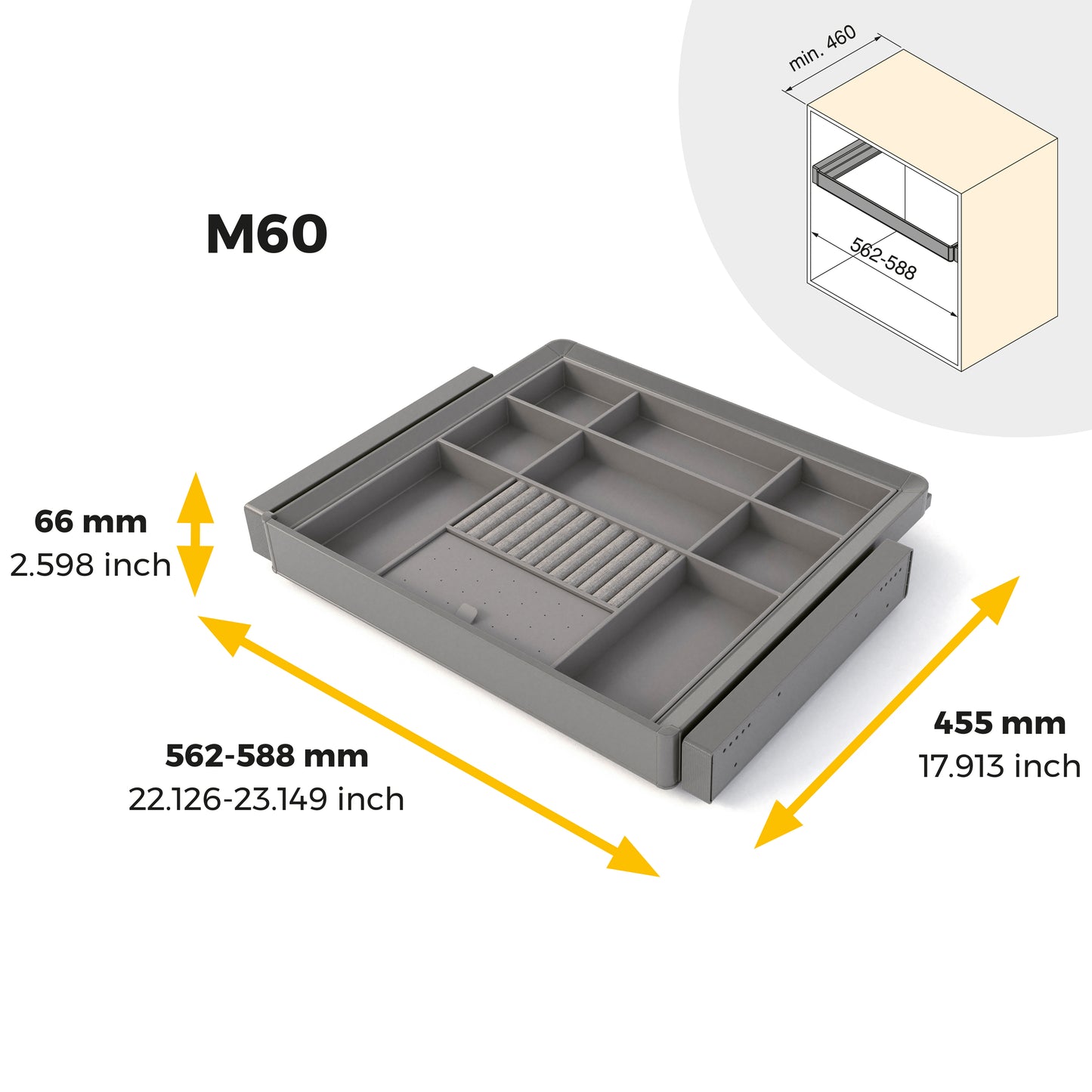 Emuca Kit cassetto organizzatore e telaio regolabile Quartz per armadi, chiusura ammortizzata e estrazione totale, modulo da 60 cm, finitura titanio
