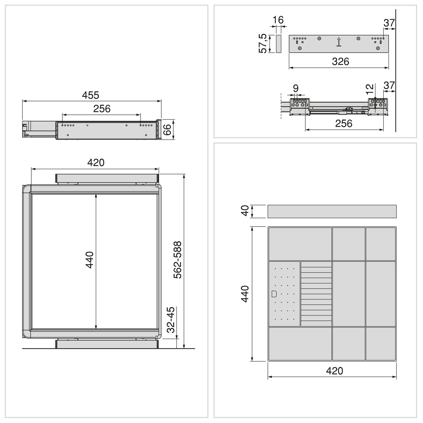 Emuca Kit cassetto organizzatore e telaio regolabile Quartz per armadi, chiusura ammortizzata e estrazione totale, modulo da 60 cm, finitura titanio