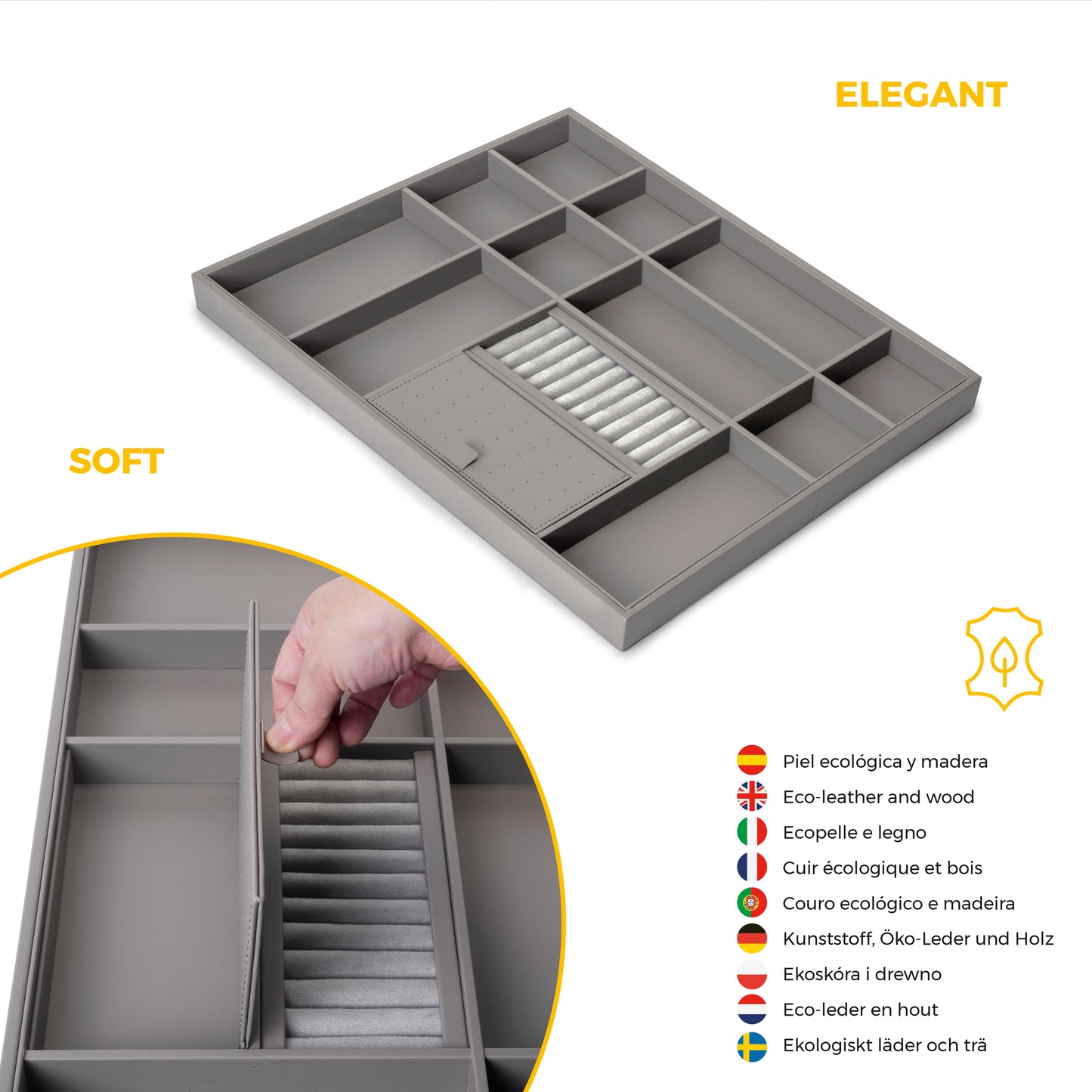 Emuca Kit cassetto organizzatore e telaio regolabile Quartz per armadi, chiusura ammortizzata e estrazione totale, modulo da 70 cm, finitura titanio