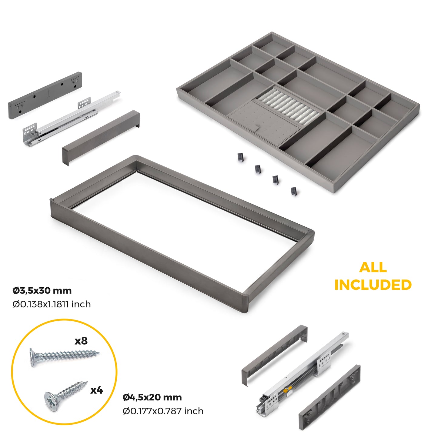 Emuca Kit cassetto organizzatore e telaio regolabile Quartz per armadi, chiusura ammortizzata e estrazione totale, modulo da 80 cm, finitura titanio