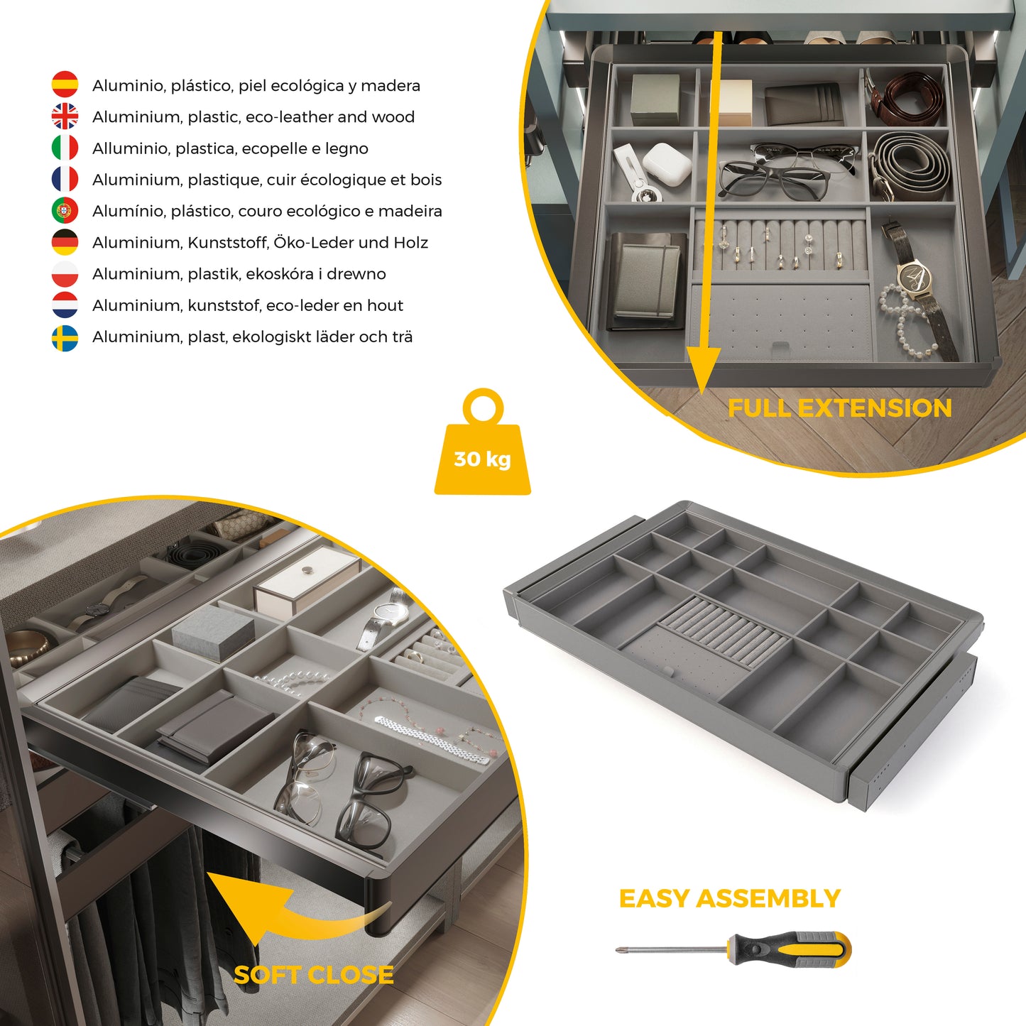 Emuca Kit cassetto organizzatore e telaio regolabile Quartz per armadi, chiusura ammortizzata e estrazione totale, modulo da 80 cm, finitura titanio