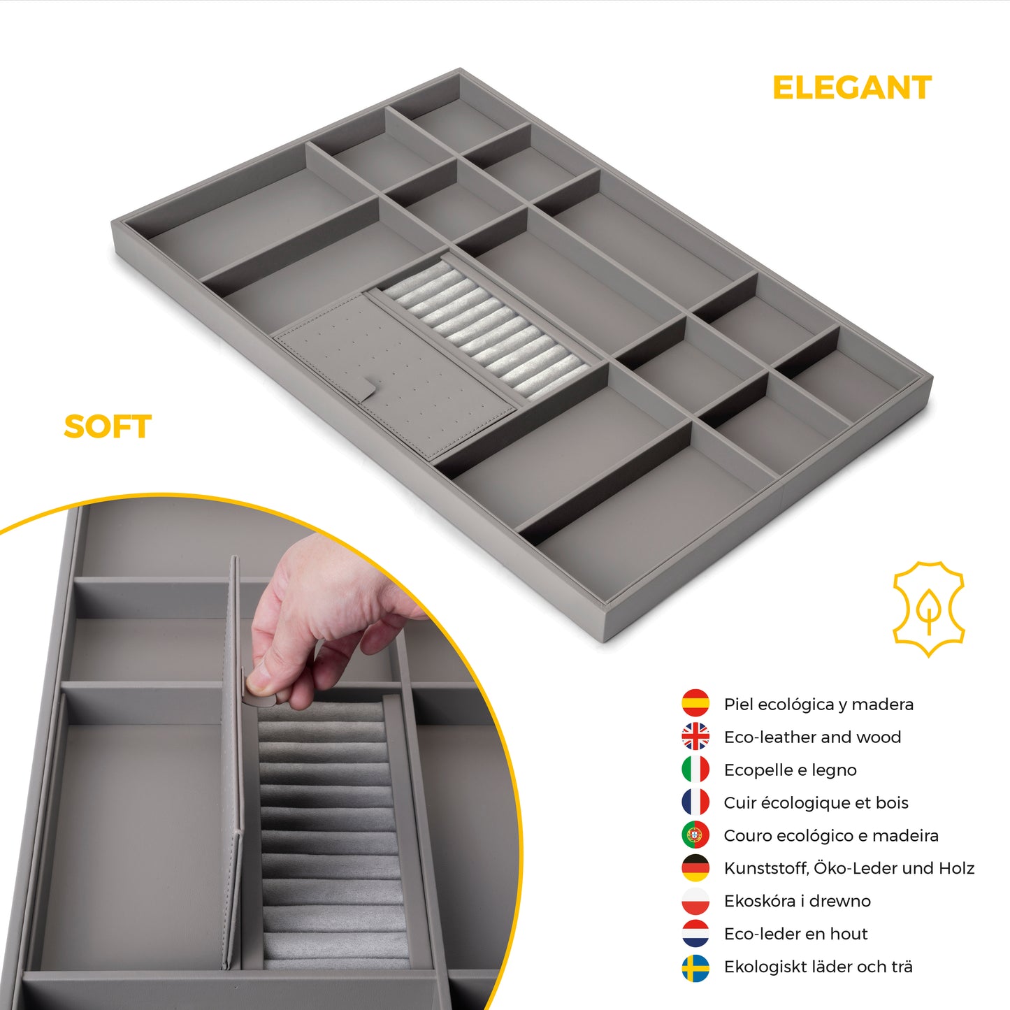 Emuca Kit cassetto organizzatore e telaio regolabile Quartz per armadi, chiusura ammortizzata e estrazione totale, modulo da 80 cm, finitura titanio