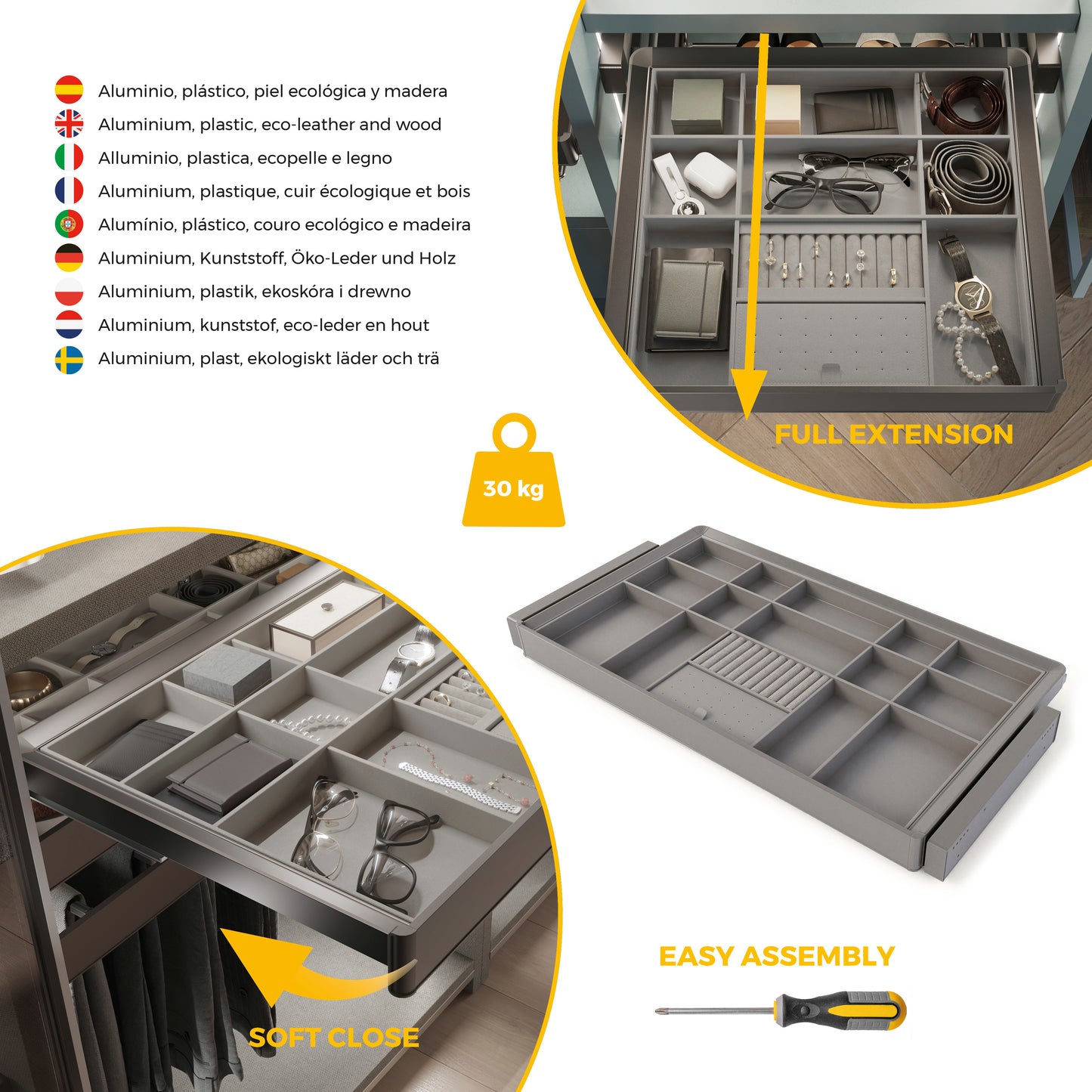 Emuca Kit cassetto organizzatore e telaio regolabile Quartz per armadi, chiusura ammortizzata e estrazione totale, modulo da 90 cm, finitura titanio