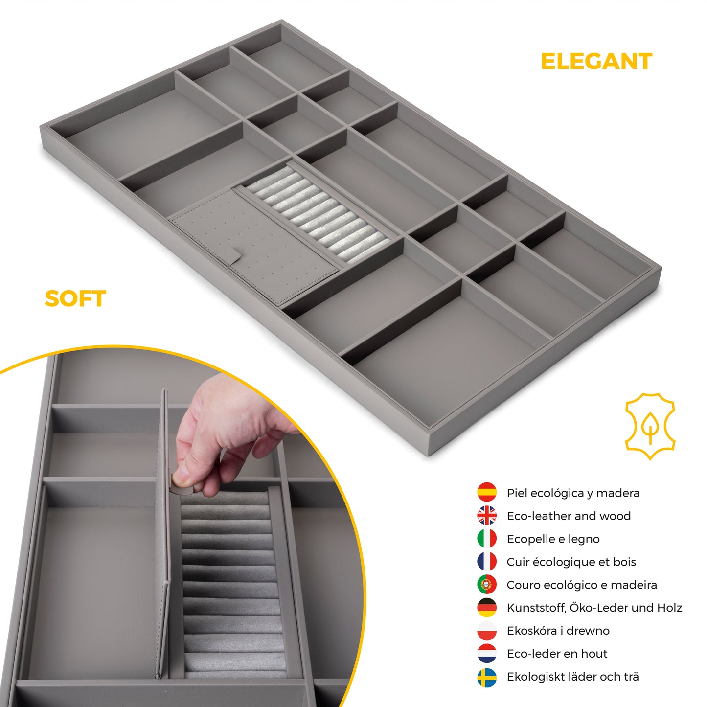 Emuca Kit cassetto organizzatore e telaio regolabile Quartz per armadi, chiusura ammortizzata e estrazione totale, modulo da 90 cm, finitura titanio