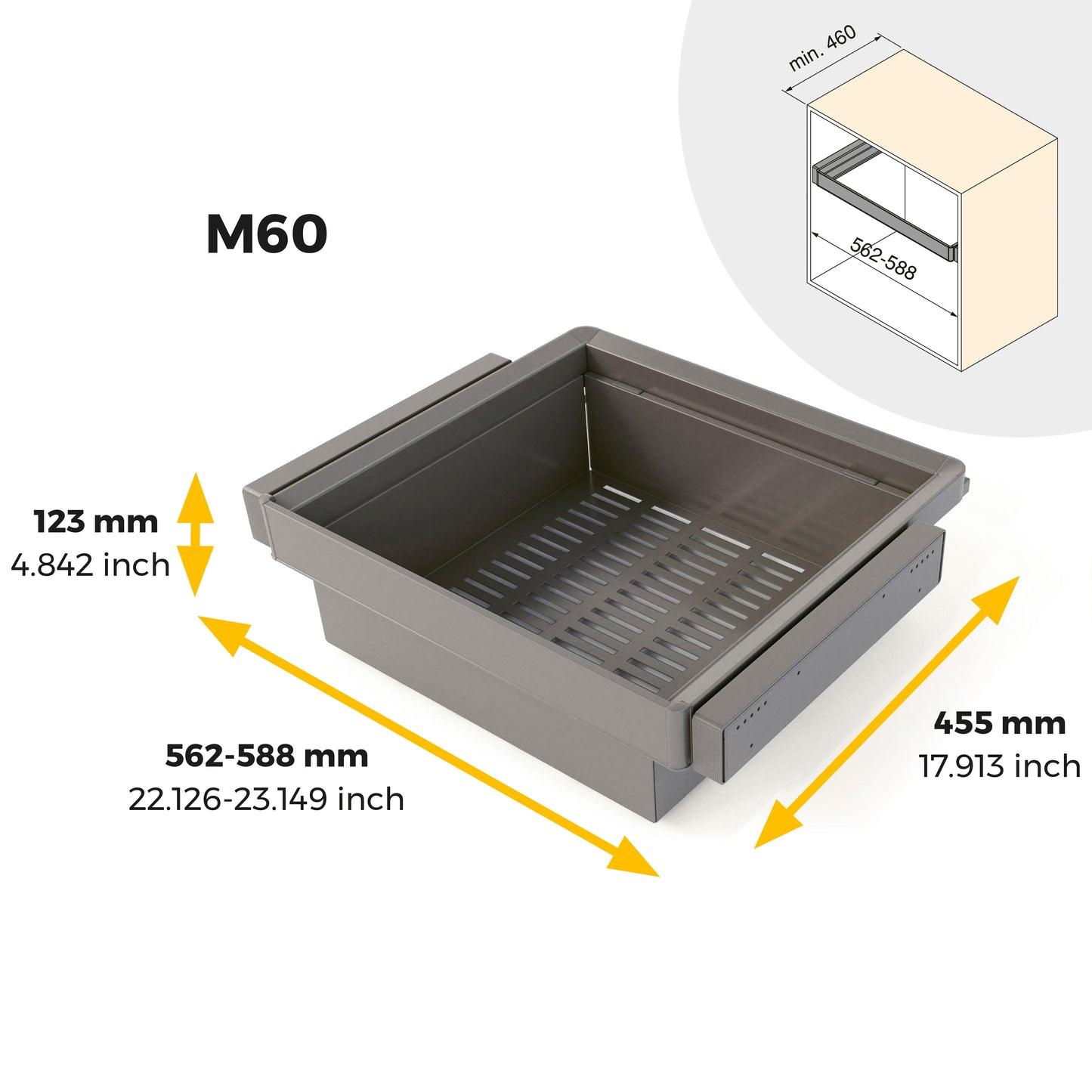 Emuca Kit cassetto metallico e telaio regolabile Quartz per armadi, chiusura ammortizzata e estrazione totale, modulo 60 cm, finitura Titanio