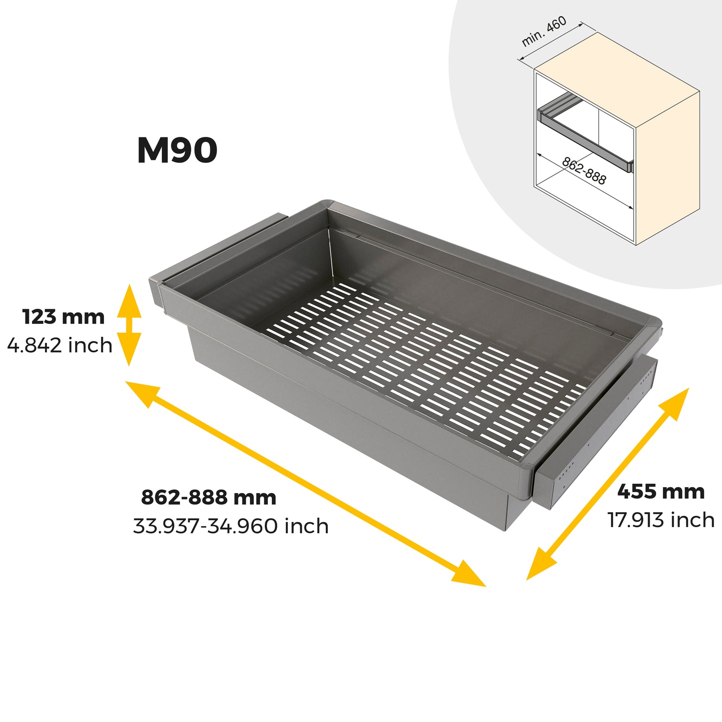 Emuca Kit cassetto metallico e telaio regolabile Quartz per armadi, chiusura ammortizzata e estrazione totale, modulo 90 cm, finitura Titanio