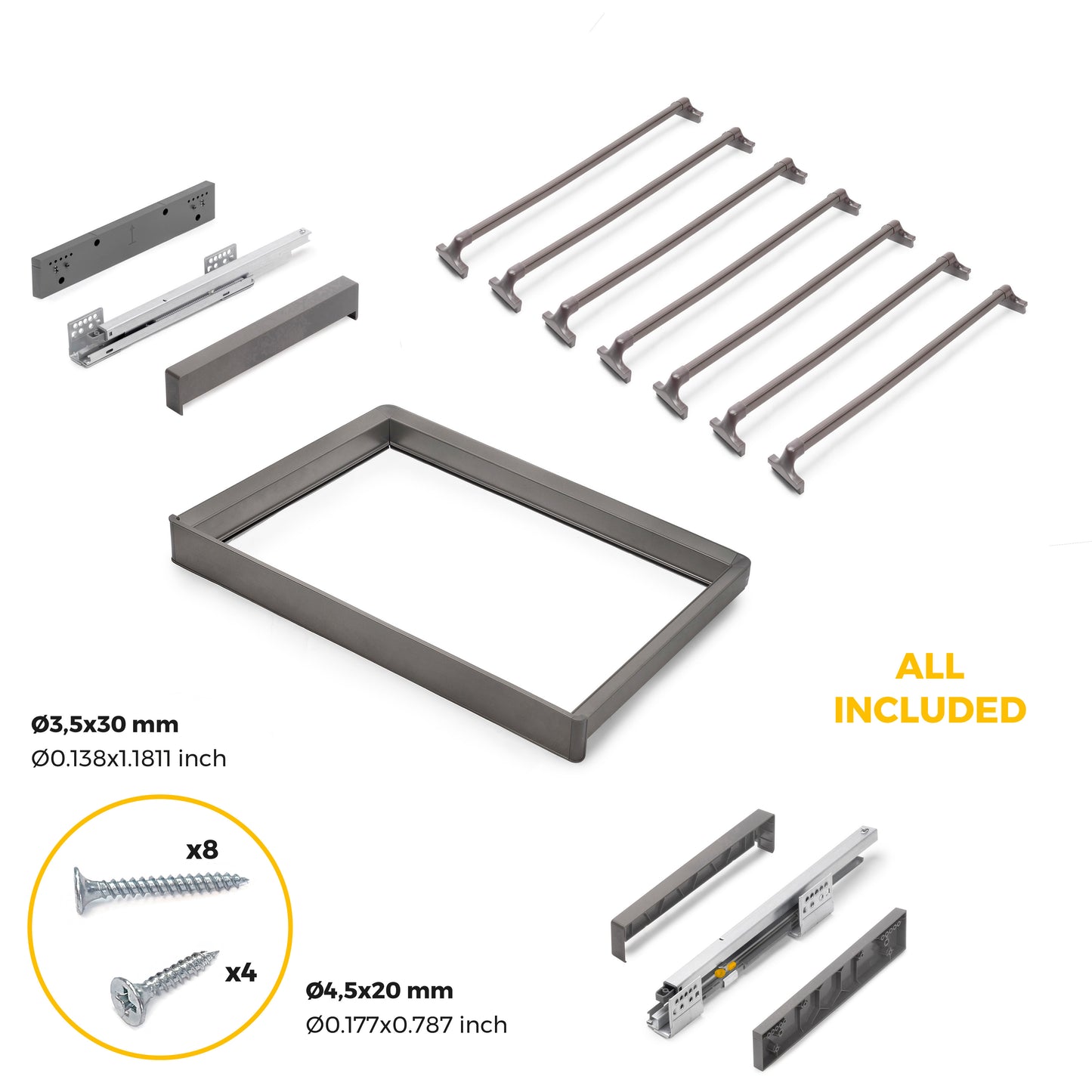 Emuca Kit portapantaloni a 7 aste e telaio regolabile Quartz per armadi, chiusura ammortizzata e estrazione totale, modulo 70 cm, finitura Titanio