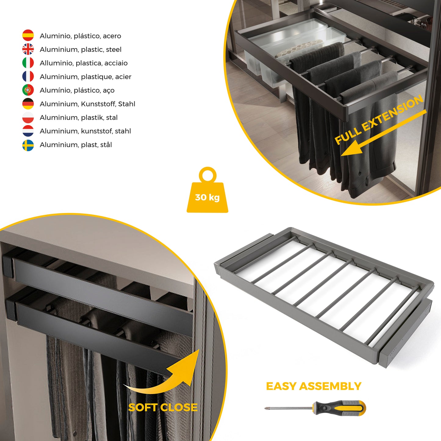 Emuca Kit portapantaloni a 7 aste e telaio regolabile Quartz per armadi, chiusura ammortizzata e estrazione totale, modulo 90 cm, finitura Titanio