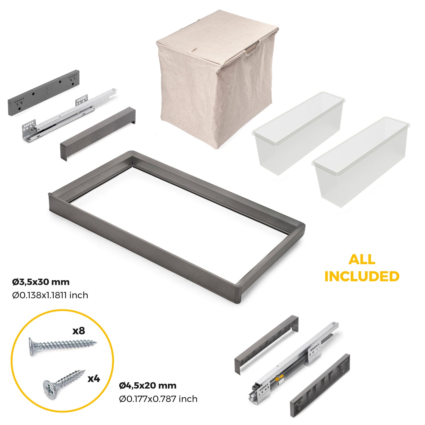 Emuca Kit 2 vassoio ausiliario, 1 cesto portabiancheria e telaio regolabile Quartz per armadi, chiusura ammortizzata e estrazione totale, modulo 80 cm, finitura Titanio