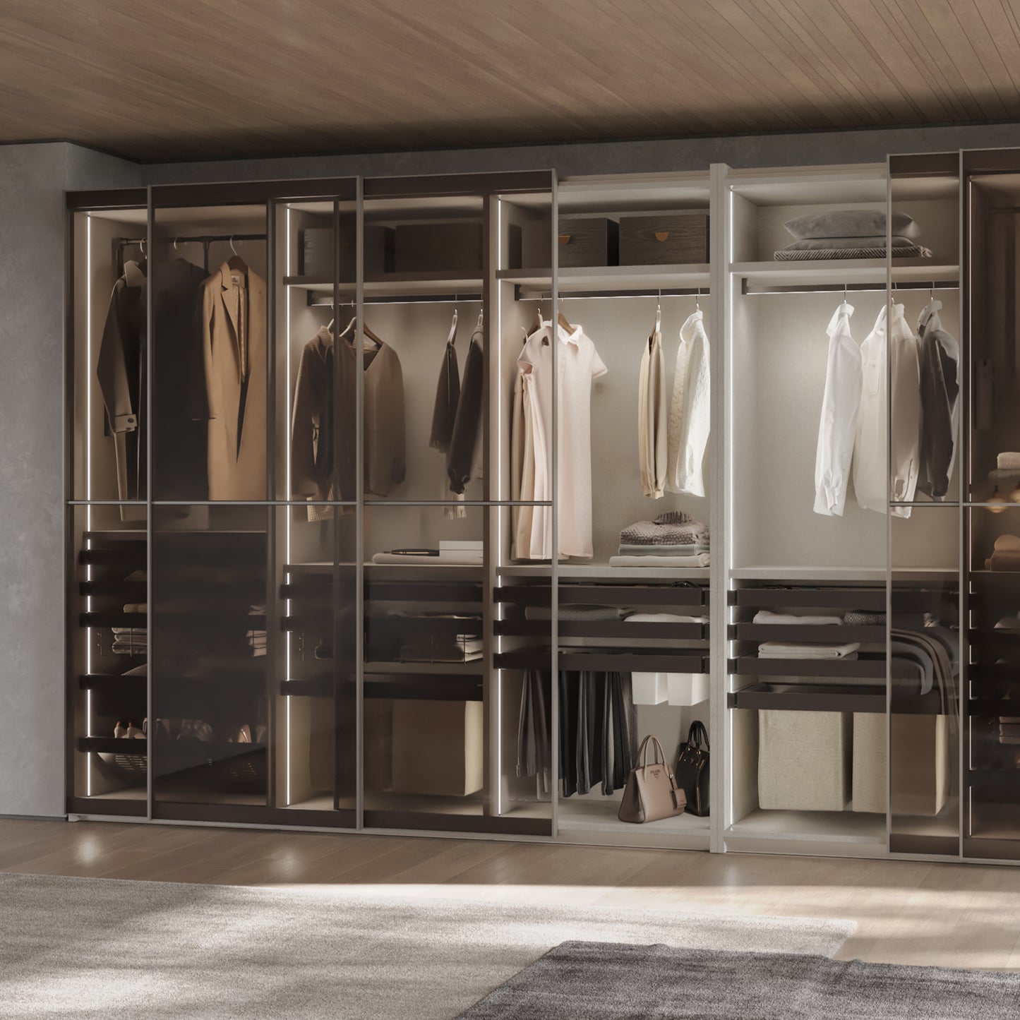 Emuca Kit portapantaloni a 7 aste, cesto portabiancheria e telaio regolabile Quartz per armadi, chiusura ammortizzata e estrazione totale, modulo 80 cm, finitura Titanio