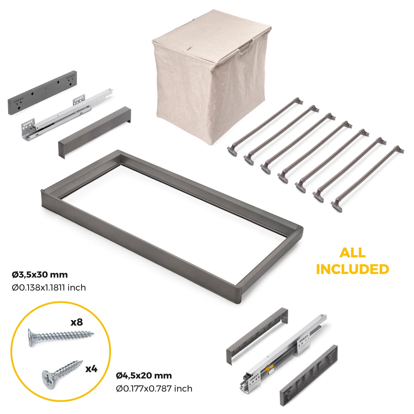 Emuca Kit portapantaloni a 7 aste, cesto portabiancheria e telaio regolabile Quartz per armadi, chiusura ammortizzata e estrazione totale, modulo 80 cm, finitura Titanio