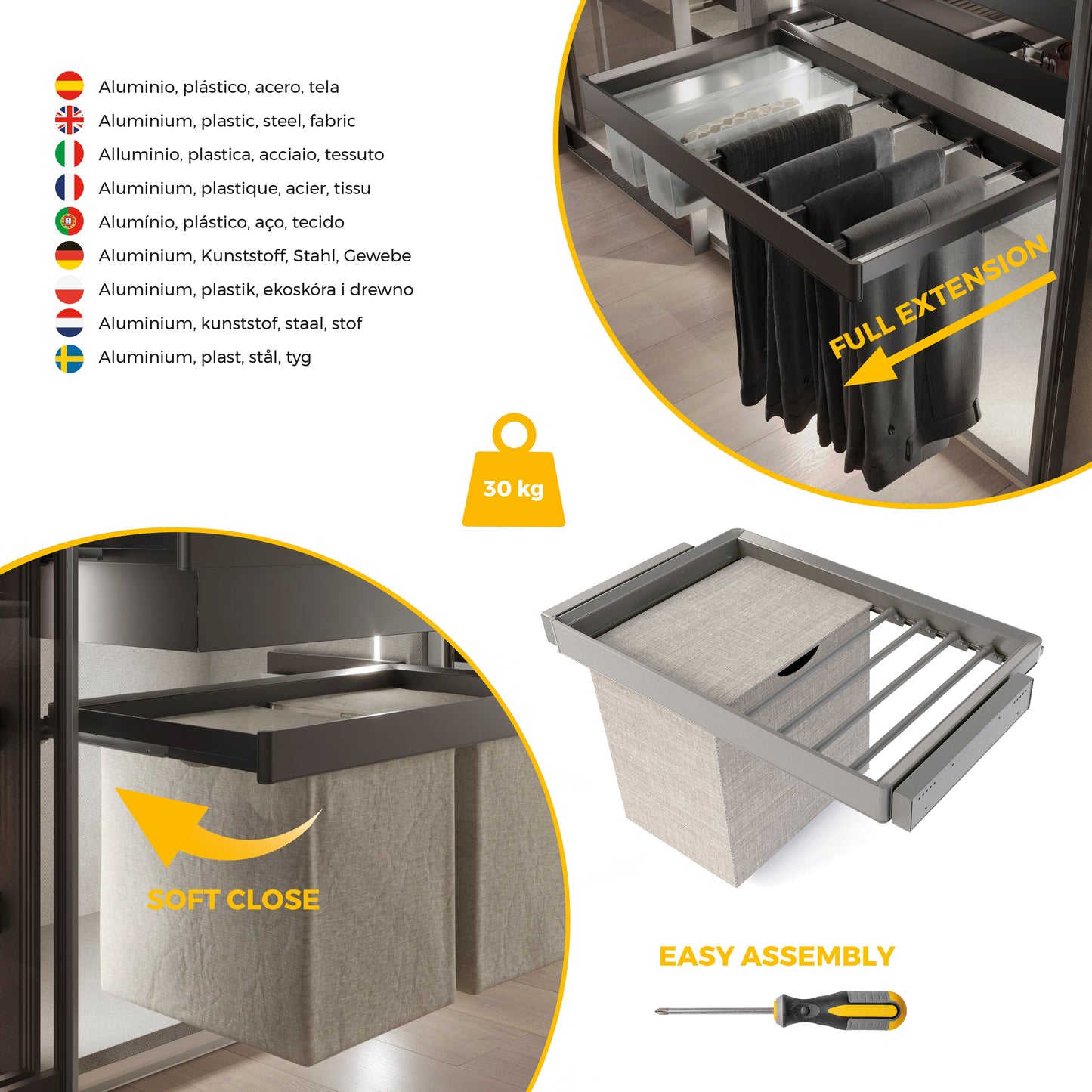 Emuca Kit portapantaloni a 7 aste, cesto portabiancheria e telaio regolabile Quartz per armadi, chiusura ammortizzata e estrazione totale, modulo 80 cm, finitura Titanio