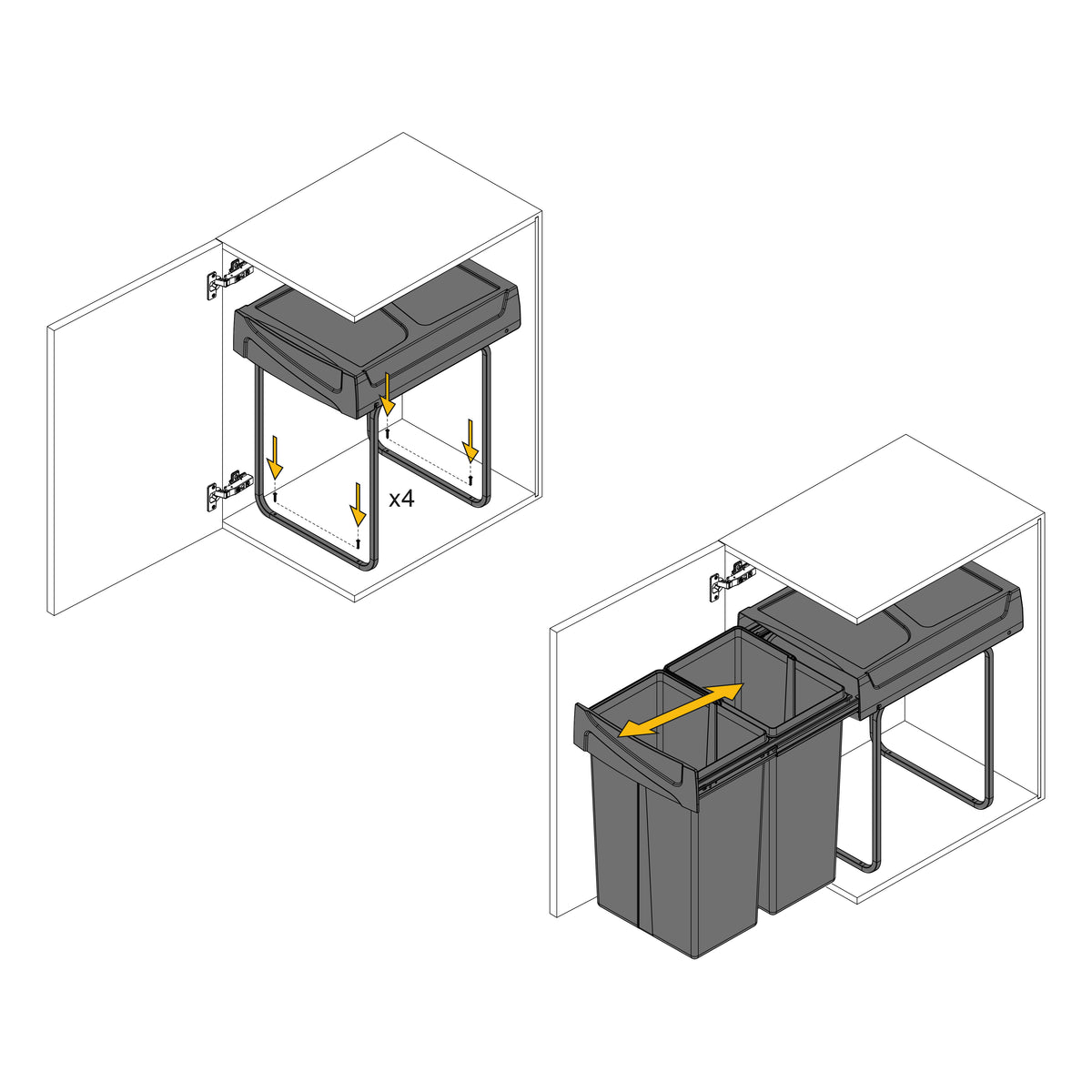 Emuca Contenitore per la raccolta differenziata Recycle da montare sul fondo e da estrarre manualmente in cucina Recycle 2x25lt, Tecnoplastica, Nera