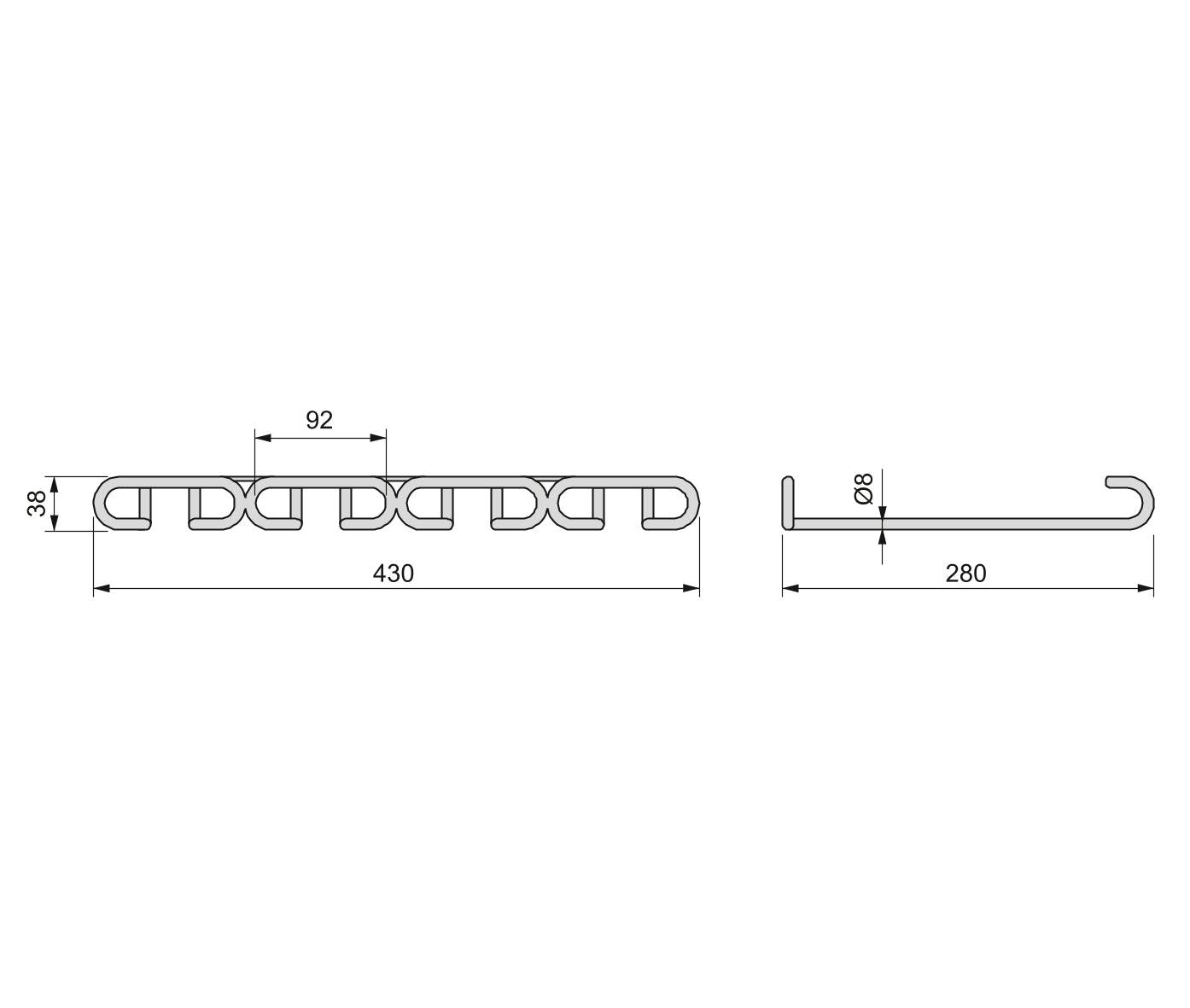 Emuca Portabicchieri per mobili a 4 linee, lunghezza 280 mm, Acciaio, Cromato lucido