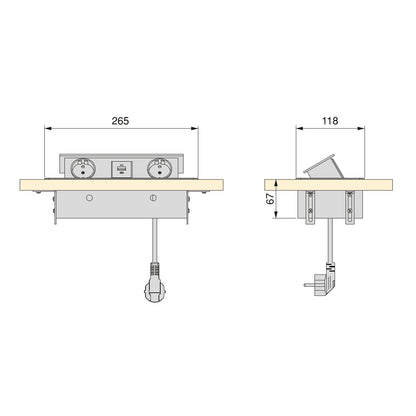 Emuca Multiconnettore da tavolo Atom 26 Lite, 225x111 mm, 2 prese Schuko, 1 USB Tipo A, 1 USB Tipo C, Zama-Acciaio-Plastica, Grigio metallizzata