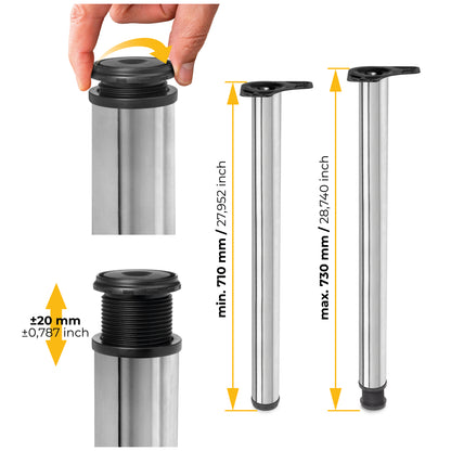 Emuca Lotto di 4 gambe per tavolo, diametro 60mm, H 710mm, Acciaio, Cromato lucido