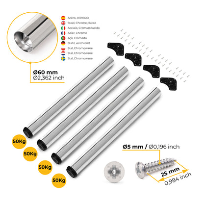 Emuca Lotto di 4 gambe per tavolo, diametro 60mm, H 710mm, Acciaio, Cromato lucido