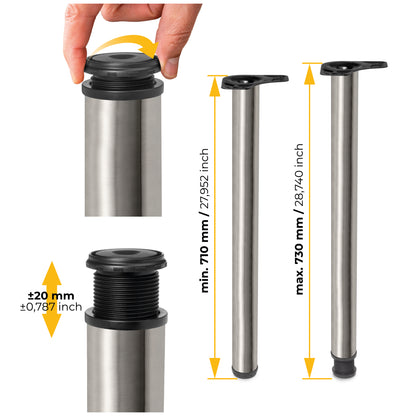 Emuca Lotto di 4 gambe per tavolo, diametro 60mm, H 710mm, Acciaio, Nichel satinado