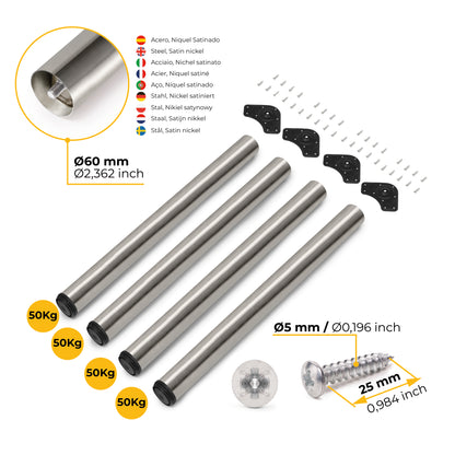Emuca Lotto di 4 gambe per tavolo, diametro 60mm, H 710mm, Acciaio, Nichel satinado