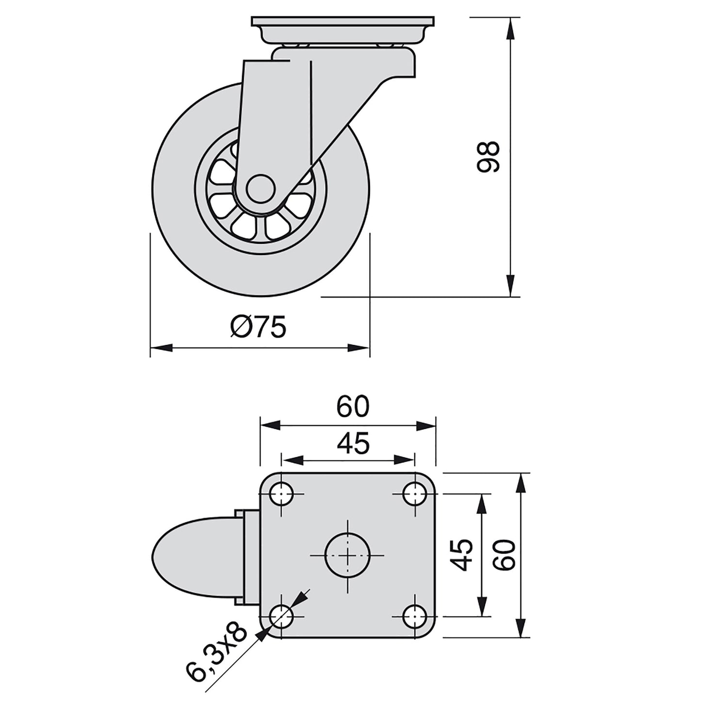 Emuca Lotto di 4 ruote Slip trasparenti con piastra di montaggio, diametro 75 mm, Acciaio e Tecnoplastica